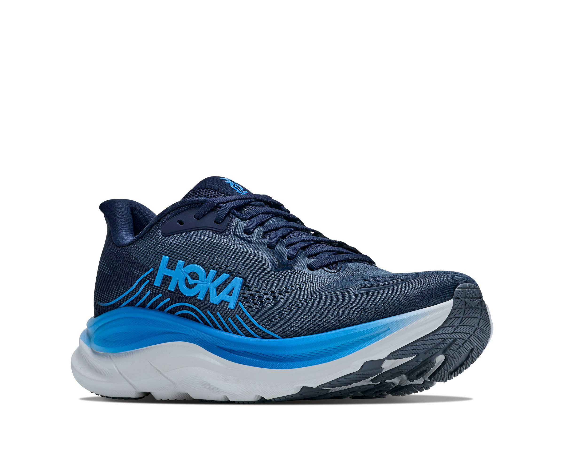 Blue running shoe with Hoka branding on a white background