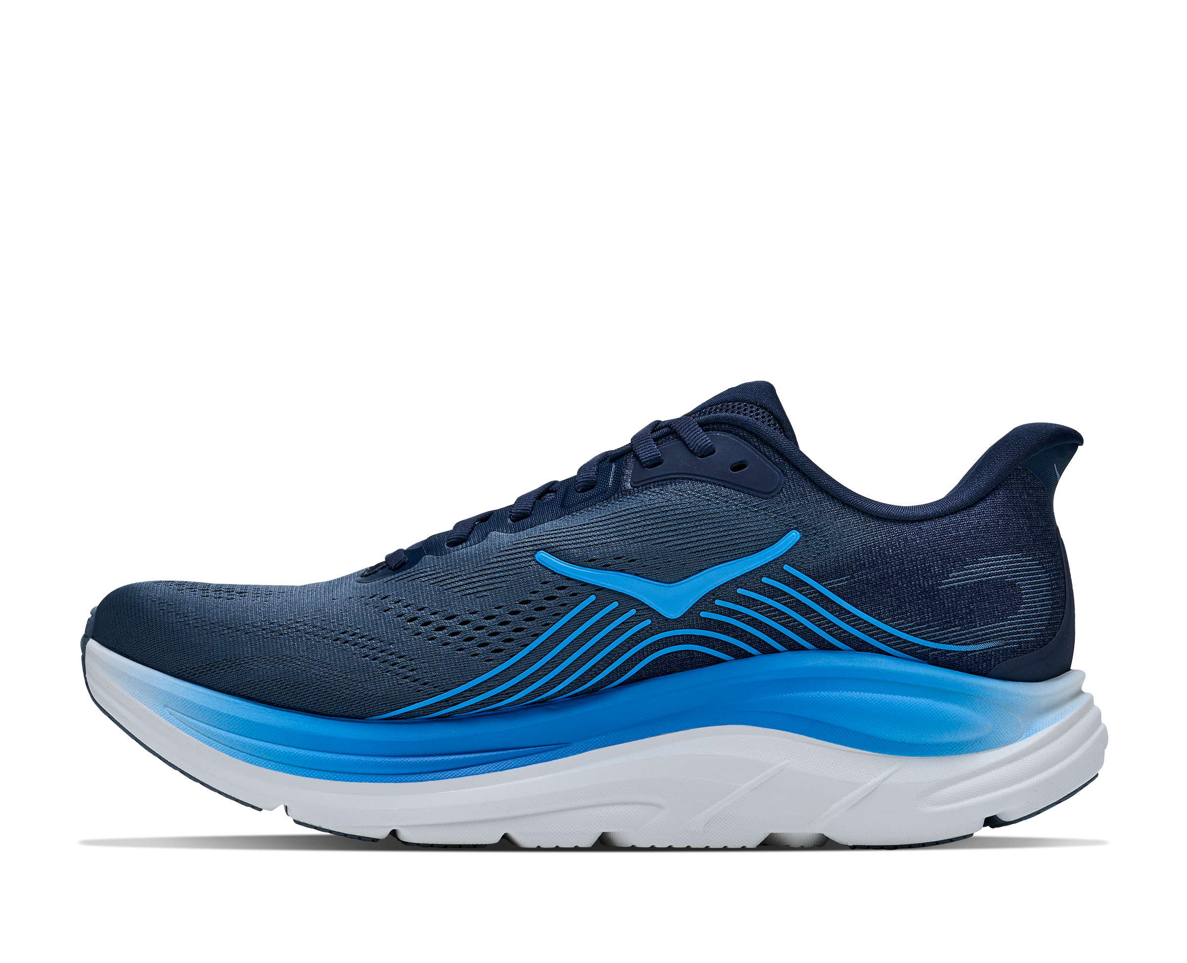 Navy and blue running shoe on a white background