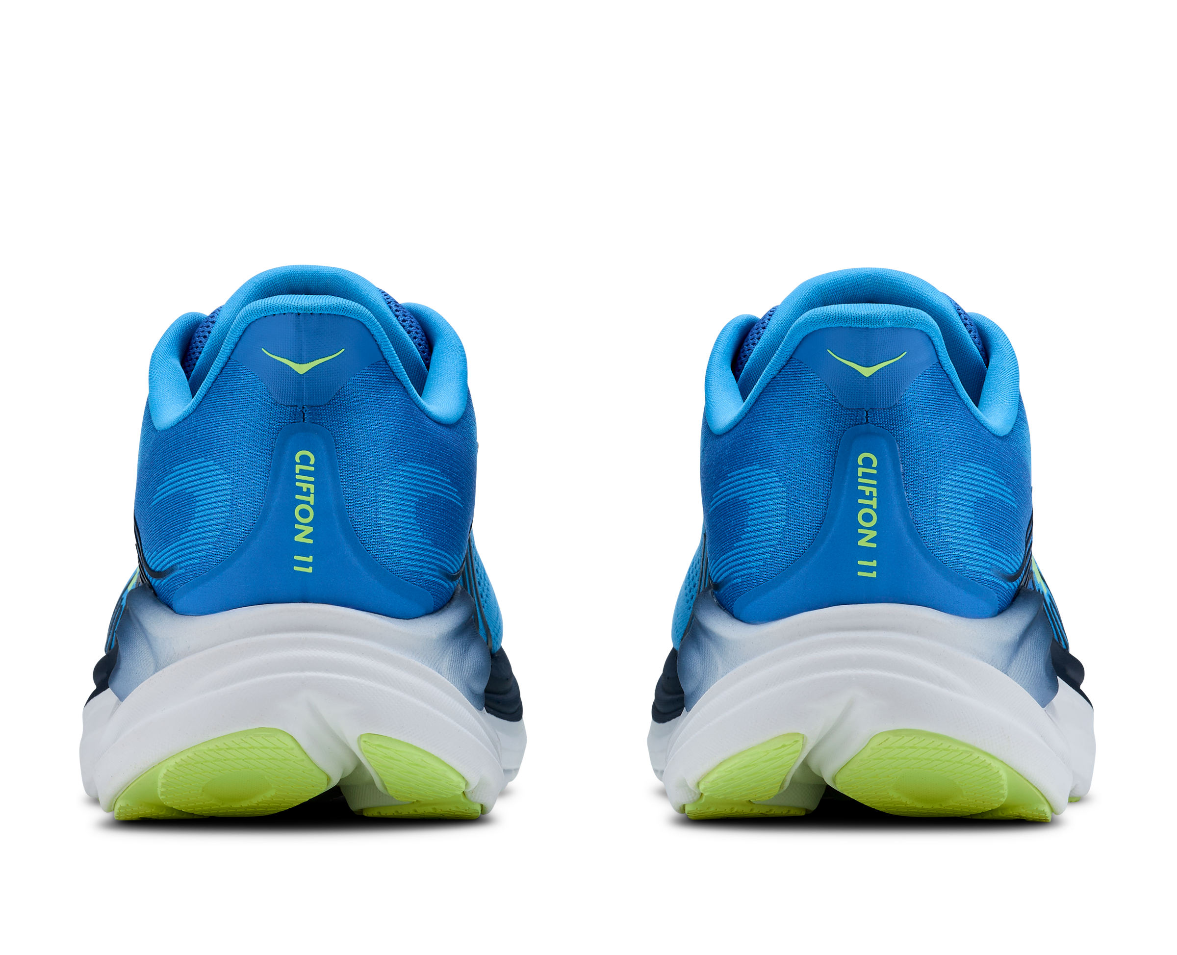 Blue running shoes with green soles on a white background