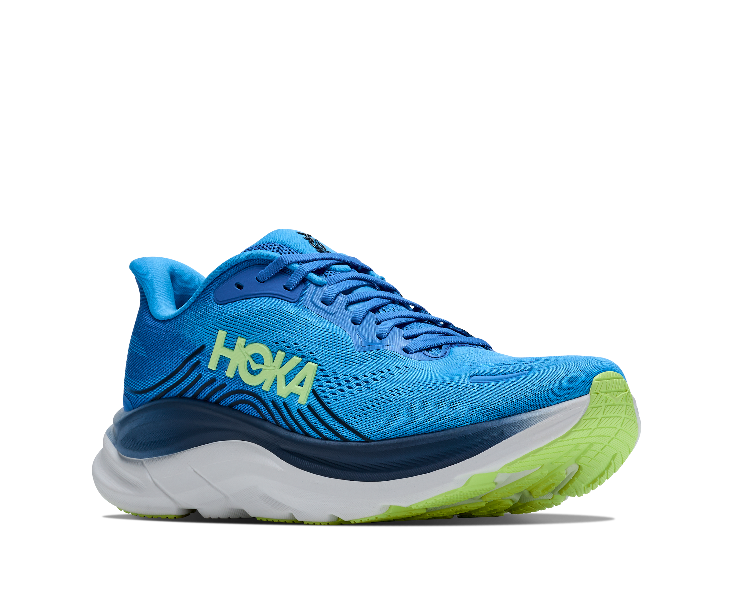 Blue running shoe with green sole on a white background
