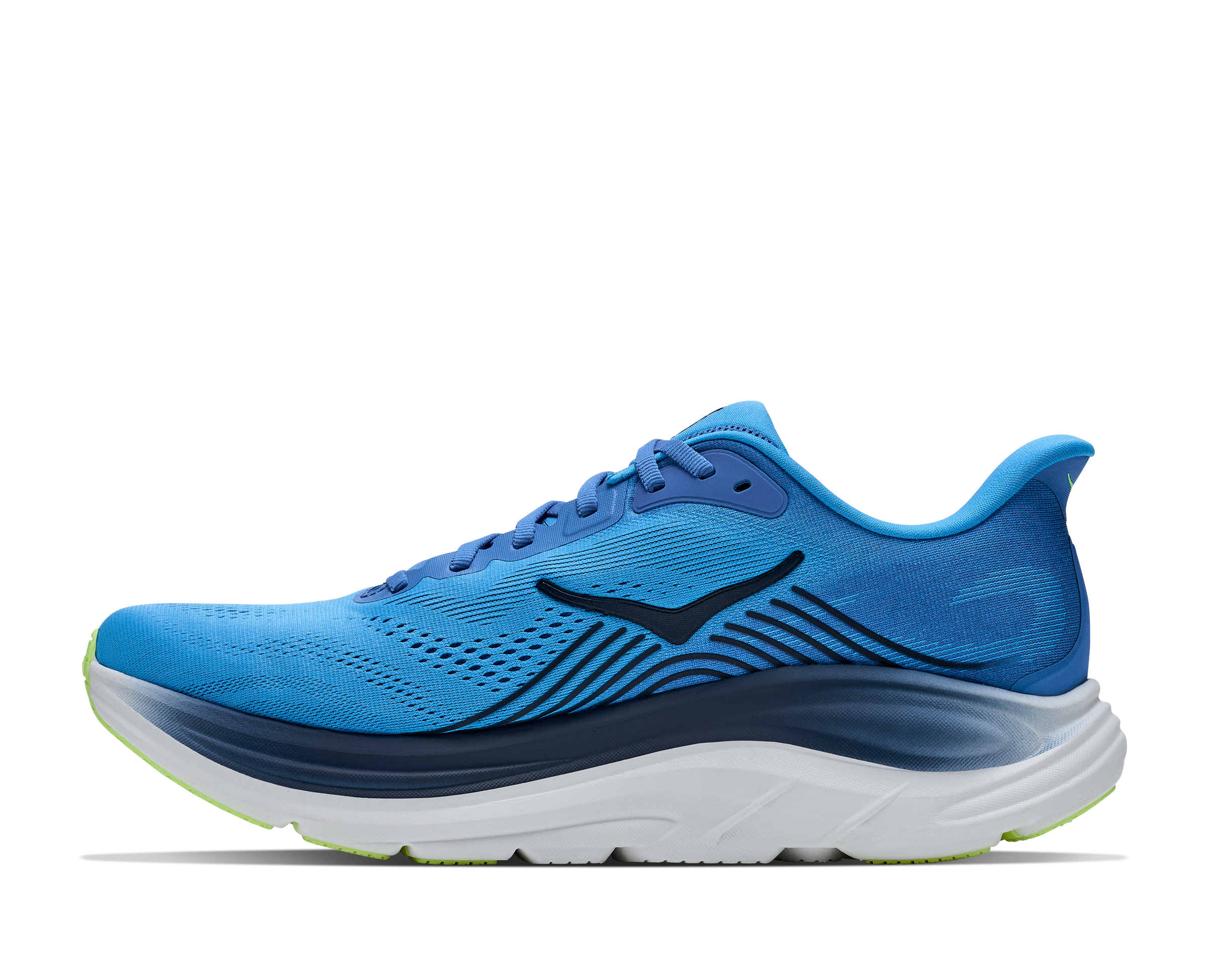Blue running shoe with white sole on a transparent background