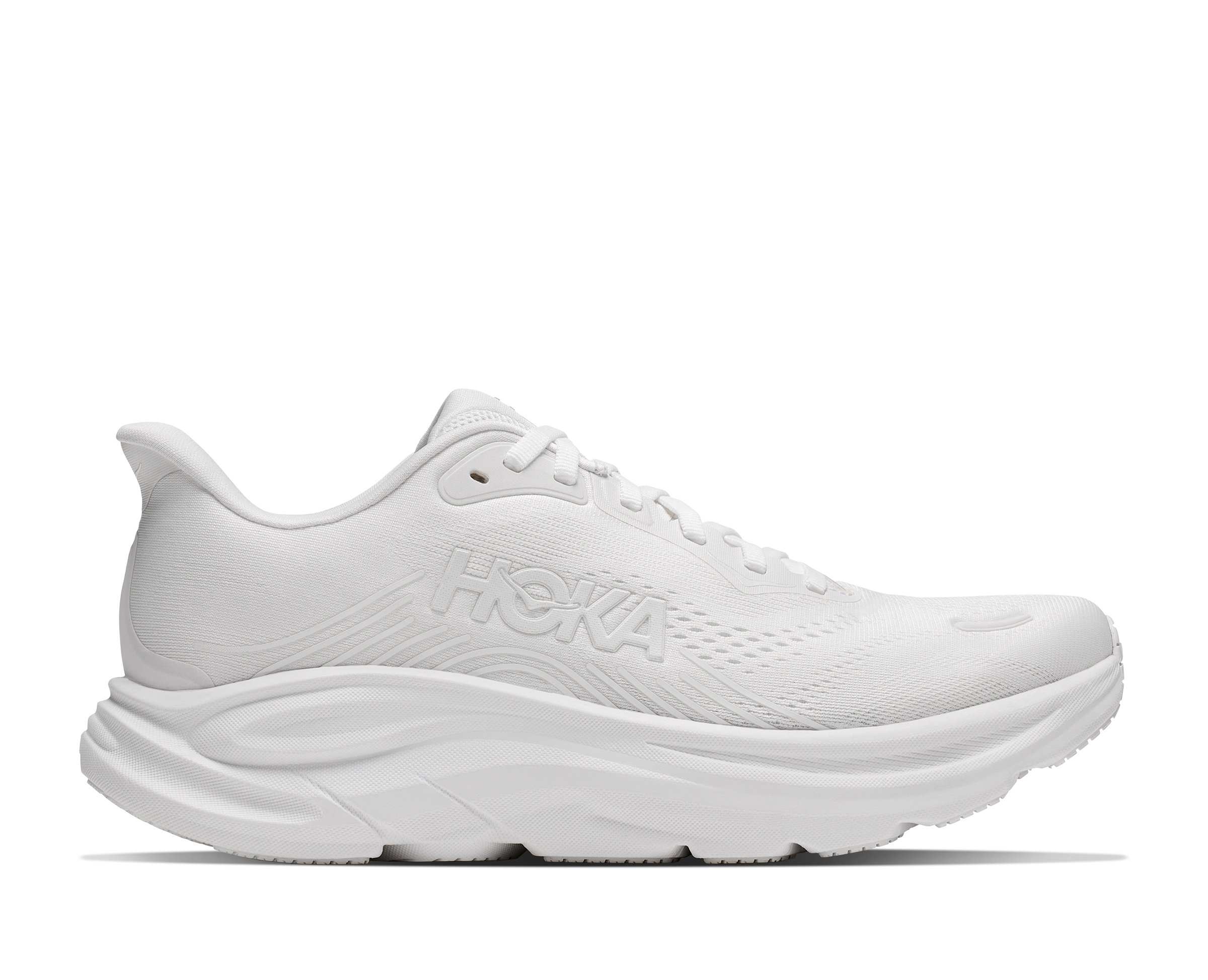 White running shoe with 'HOKA' branding on a white background