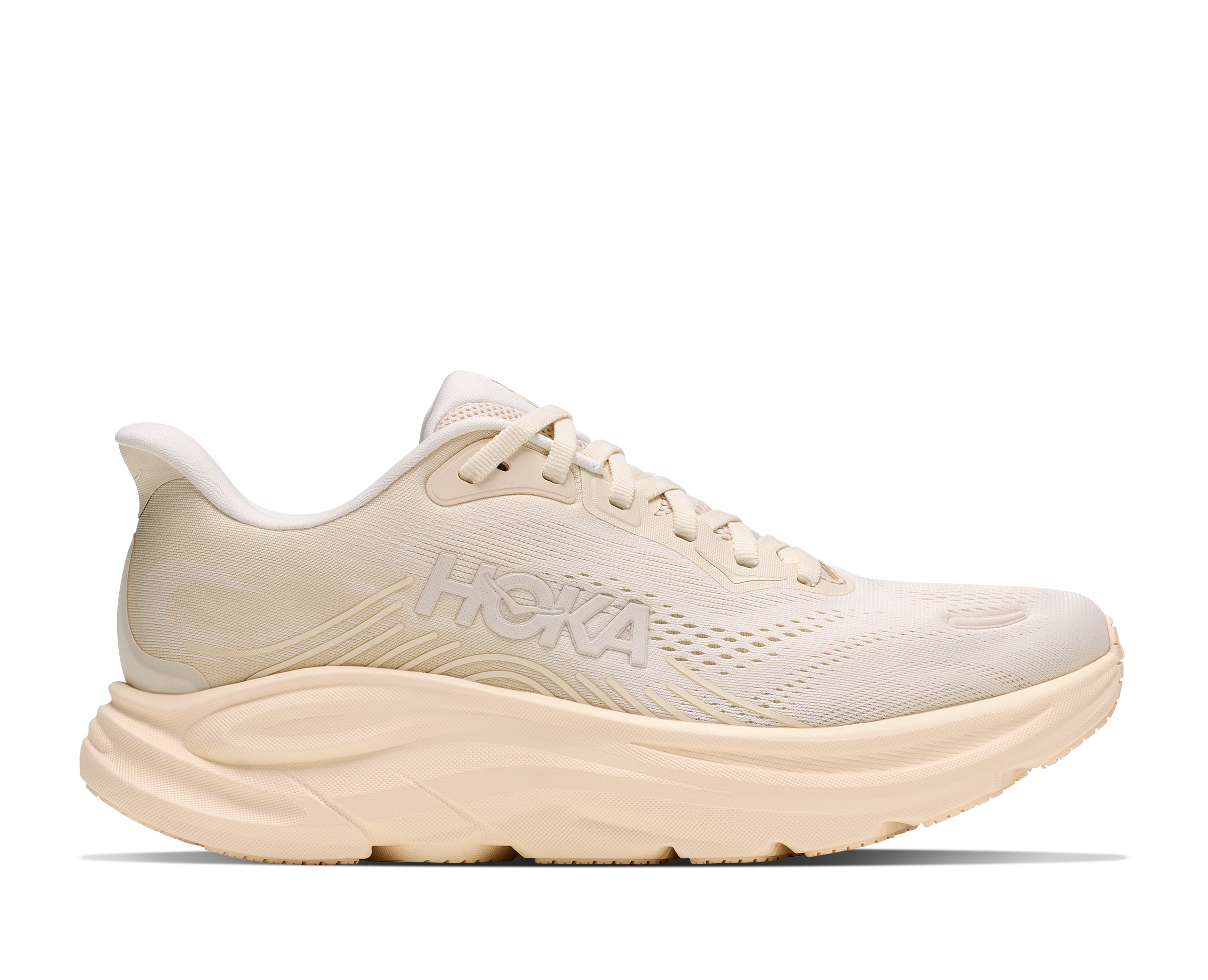 Beige running shoe with 'Hoka' branding on a white background