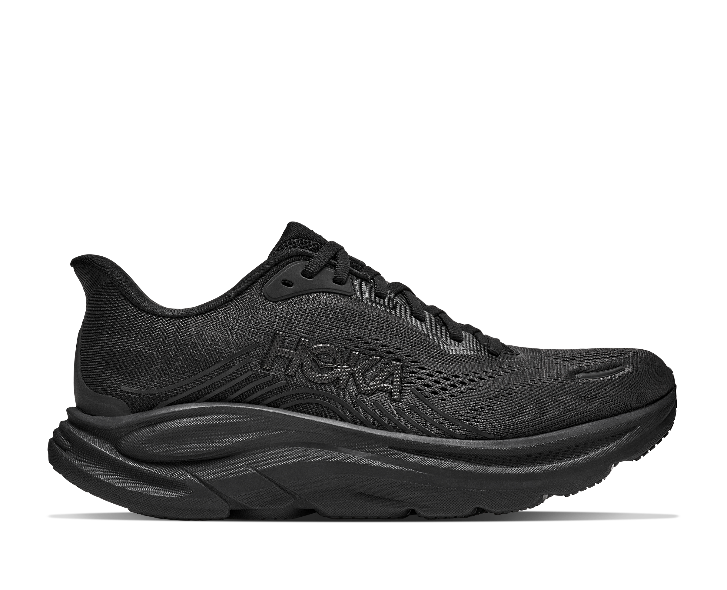 Black running shoe with Hoka branding on a white background
