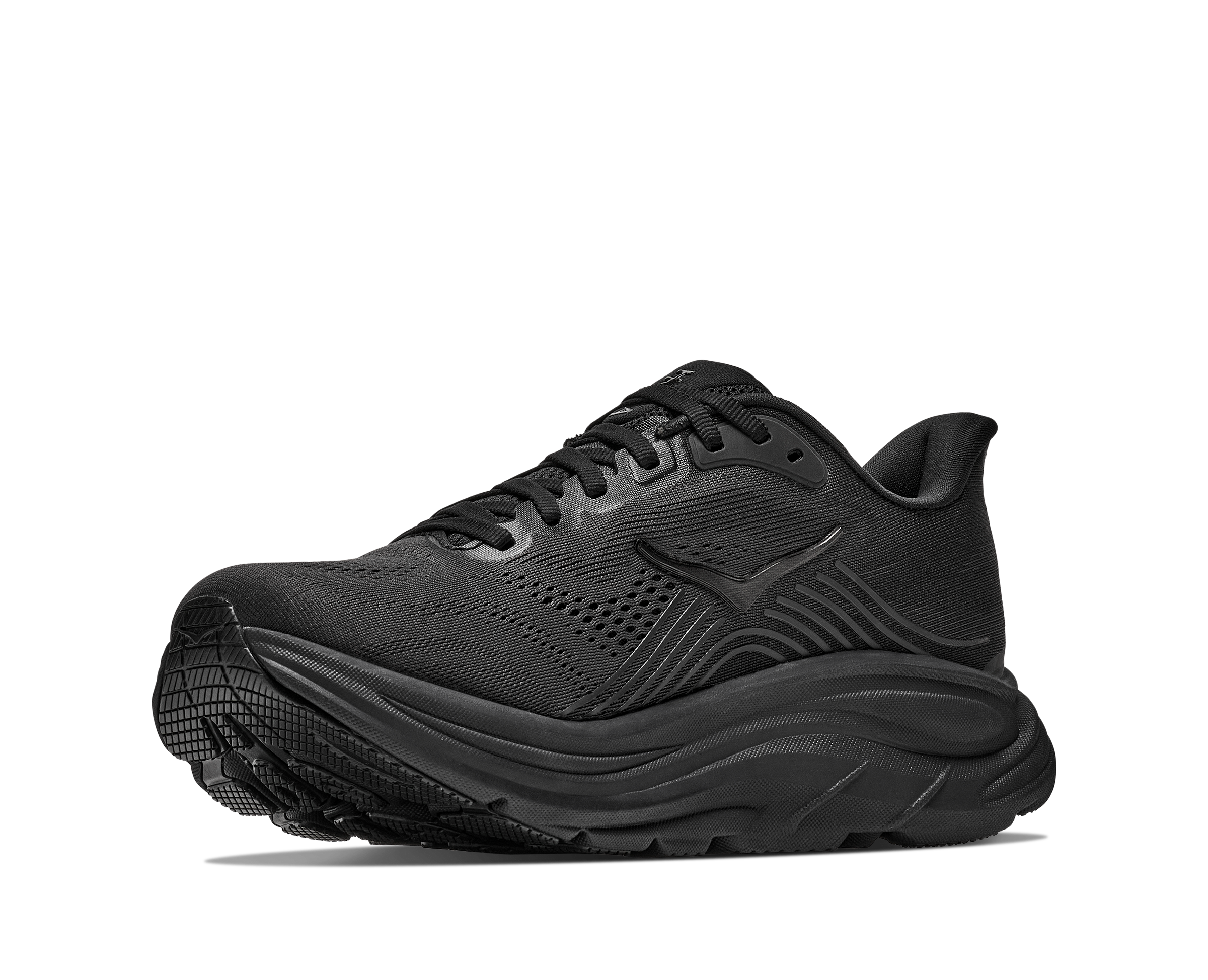 Black running shoe on a white background