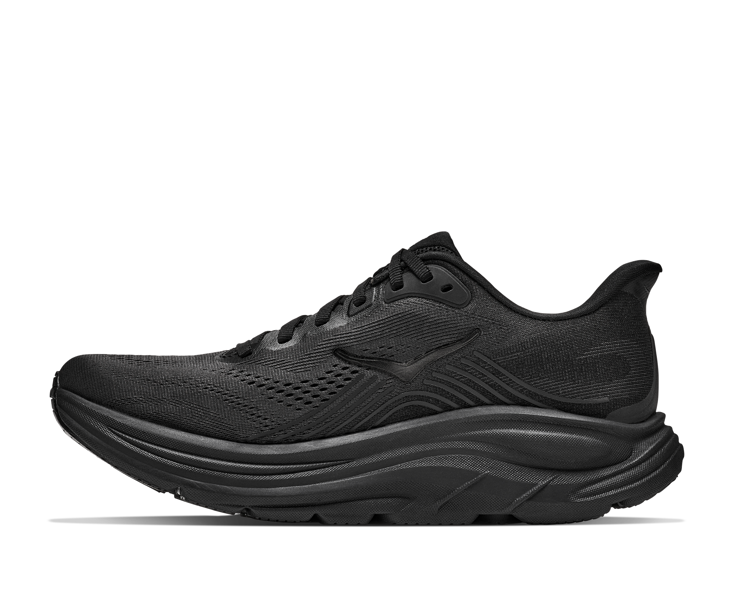 Black running shoe on a white background