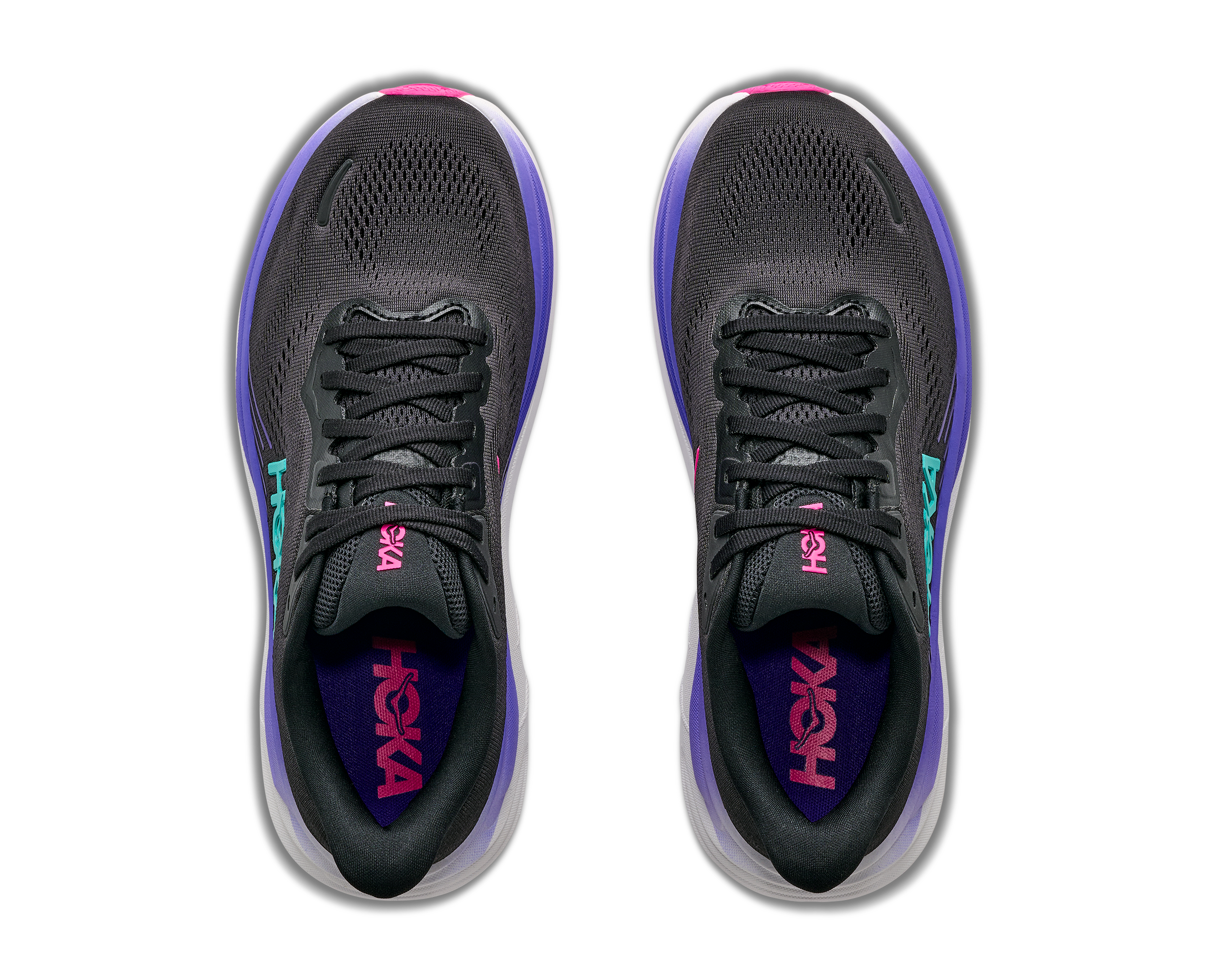 Black running shoes with purple accents on a white background