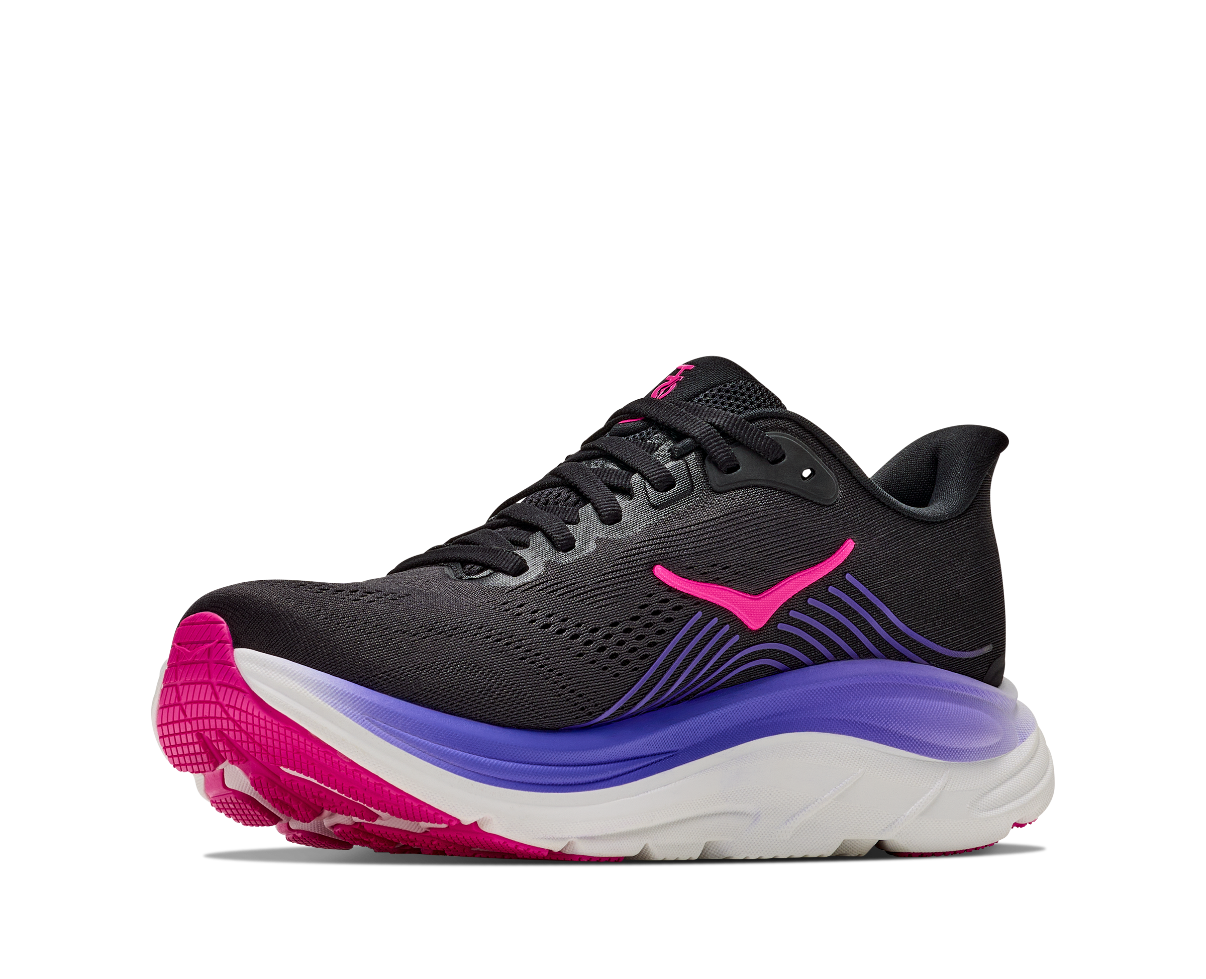 Black running shoe with pink and purple accents on a white background