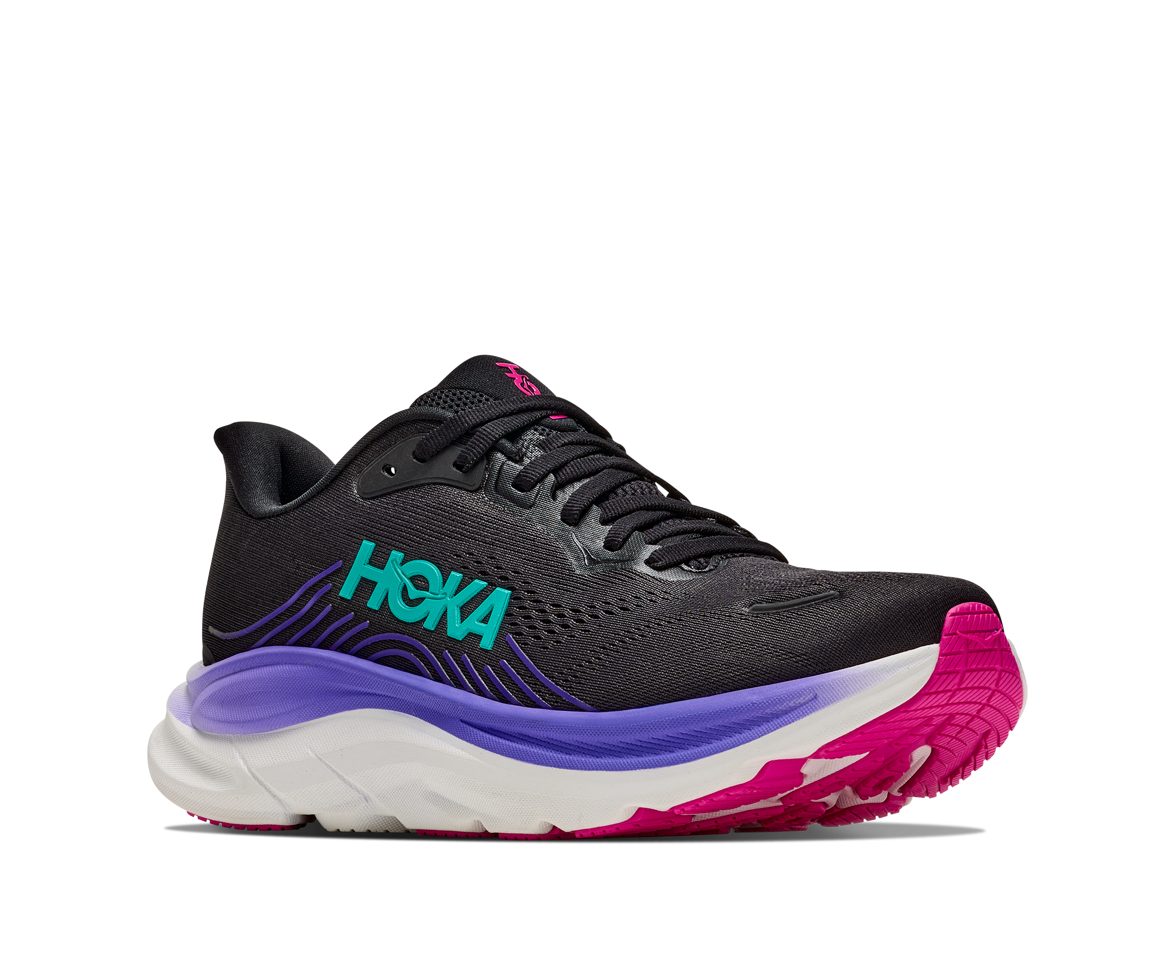 Black running shoe with purple and pink accents on a white background