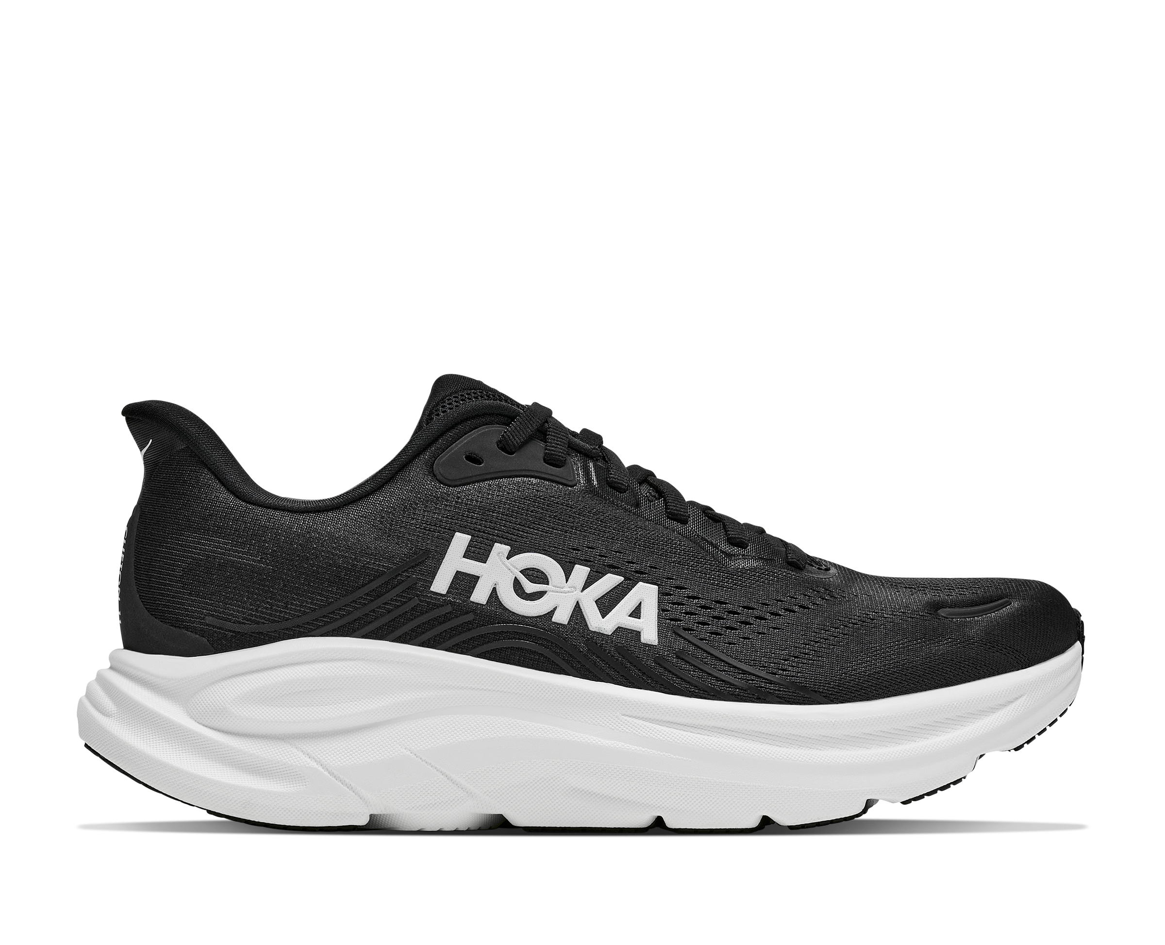 Black running shoe with white sole on a light gray background