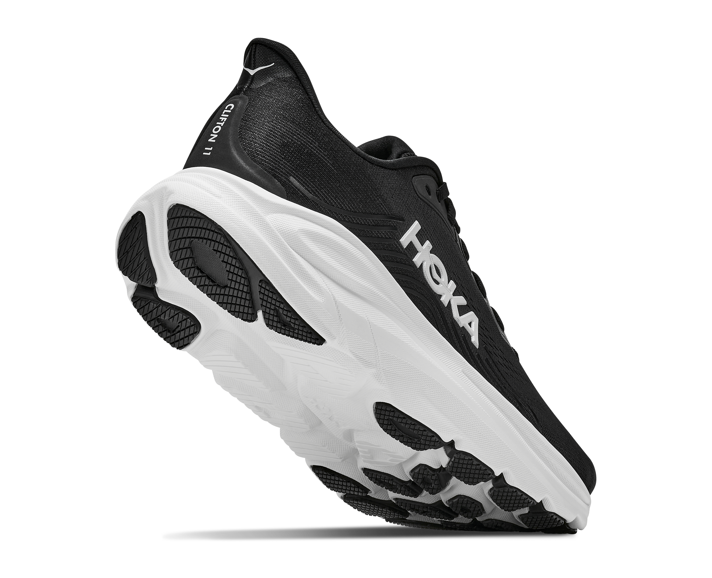 Black Hoka running shoe on a white background
