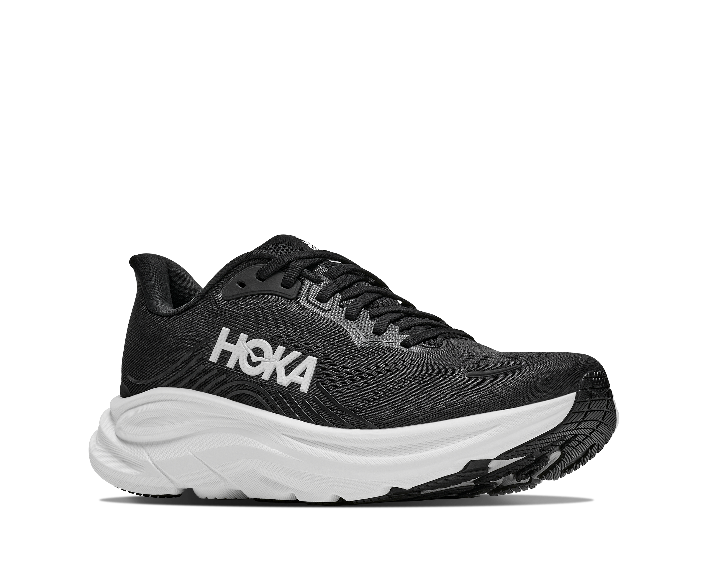 Black Hoka running shoe on a white background