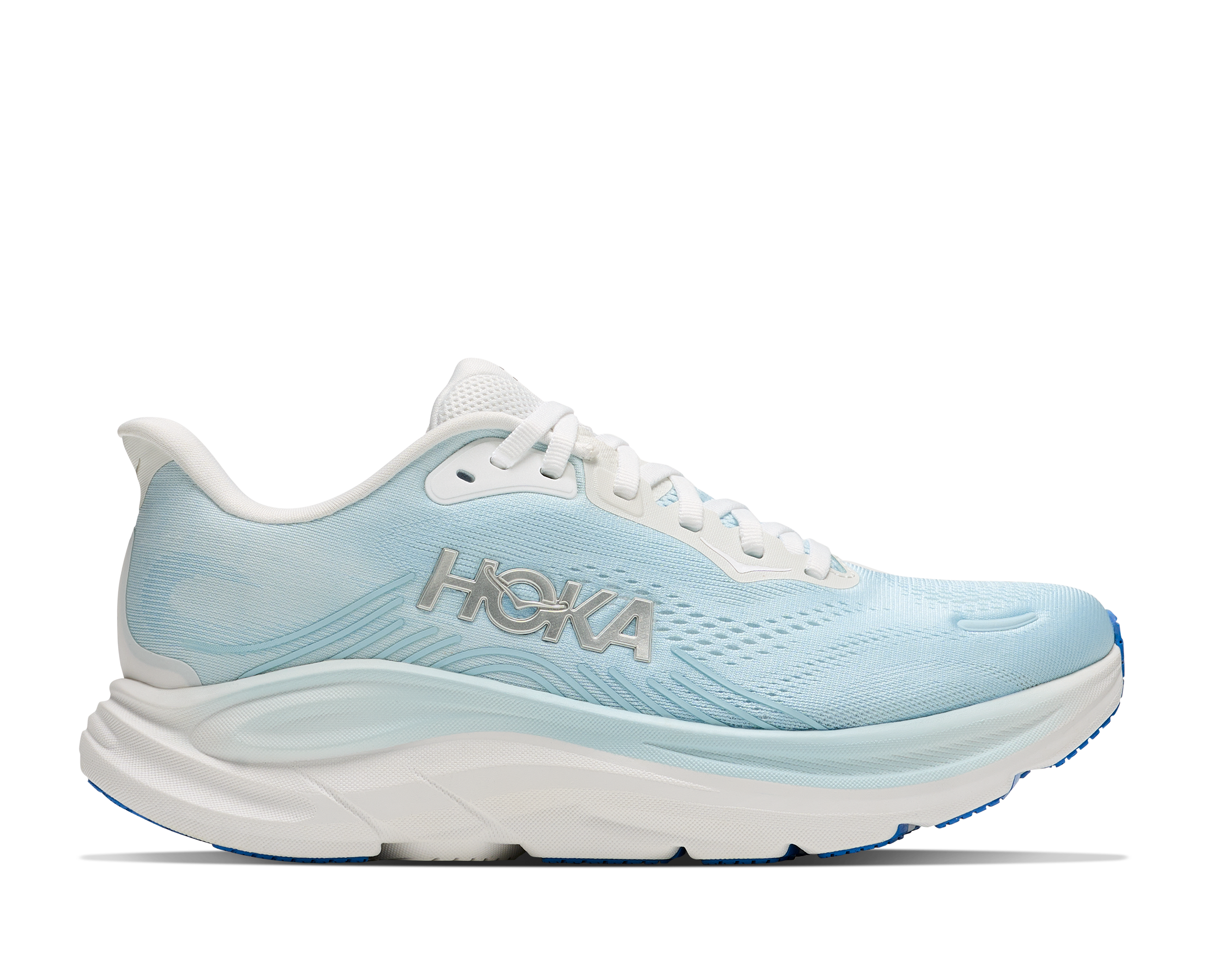 Light blue running shoe with white sole on a white background