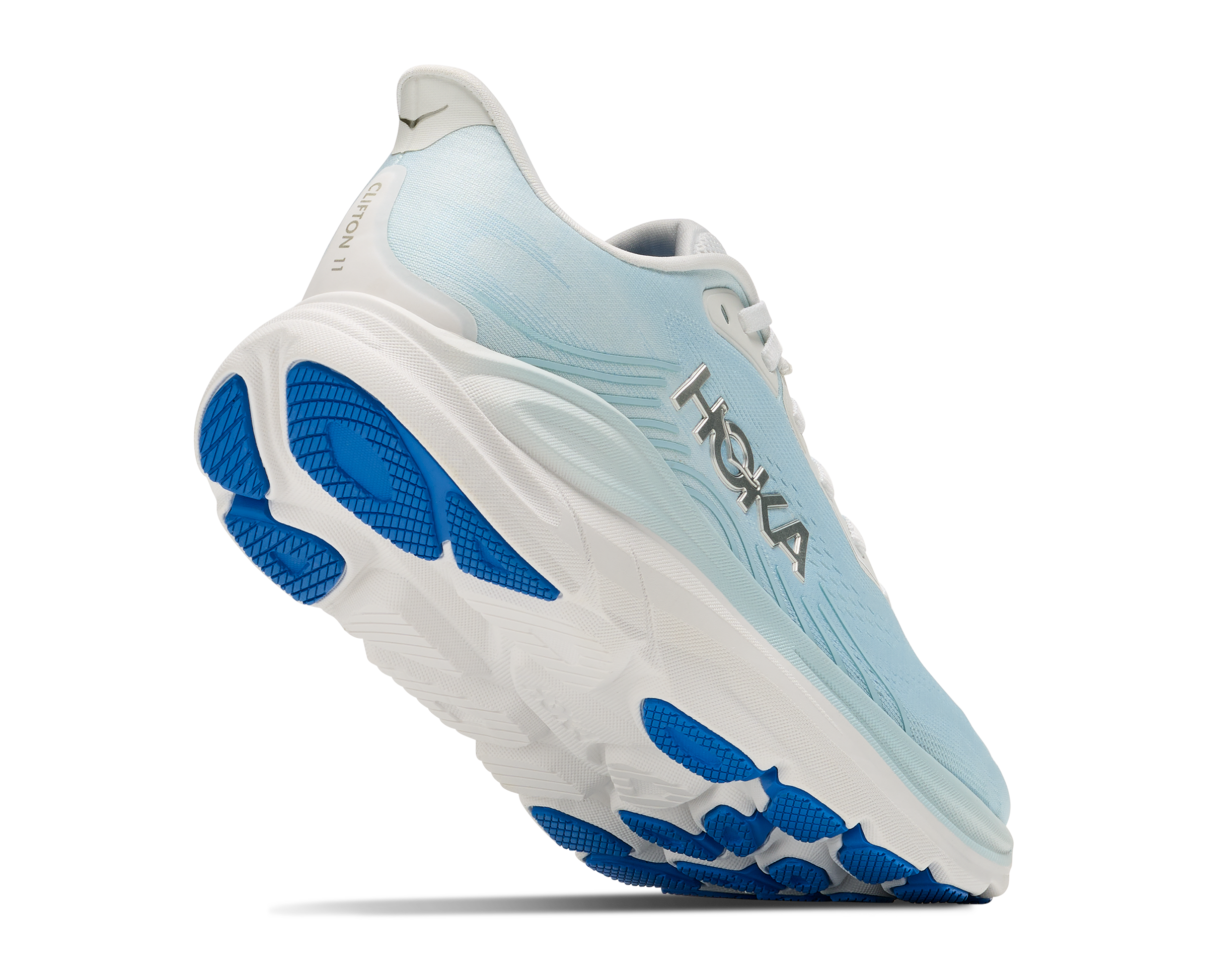 White and blue running shoe with 'Hoka' branding on a white background