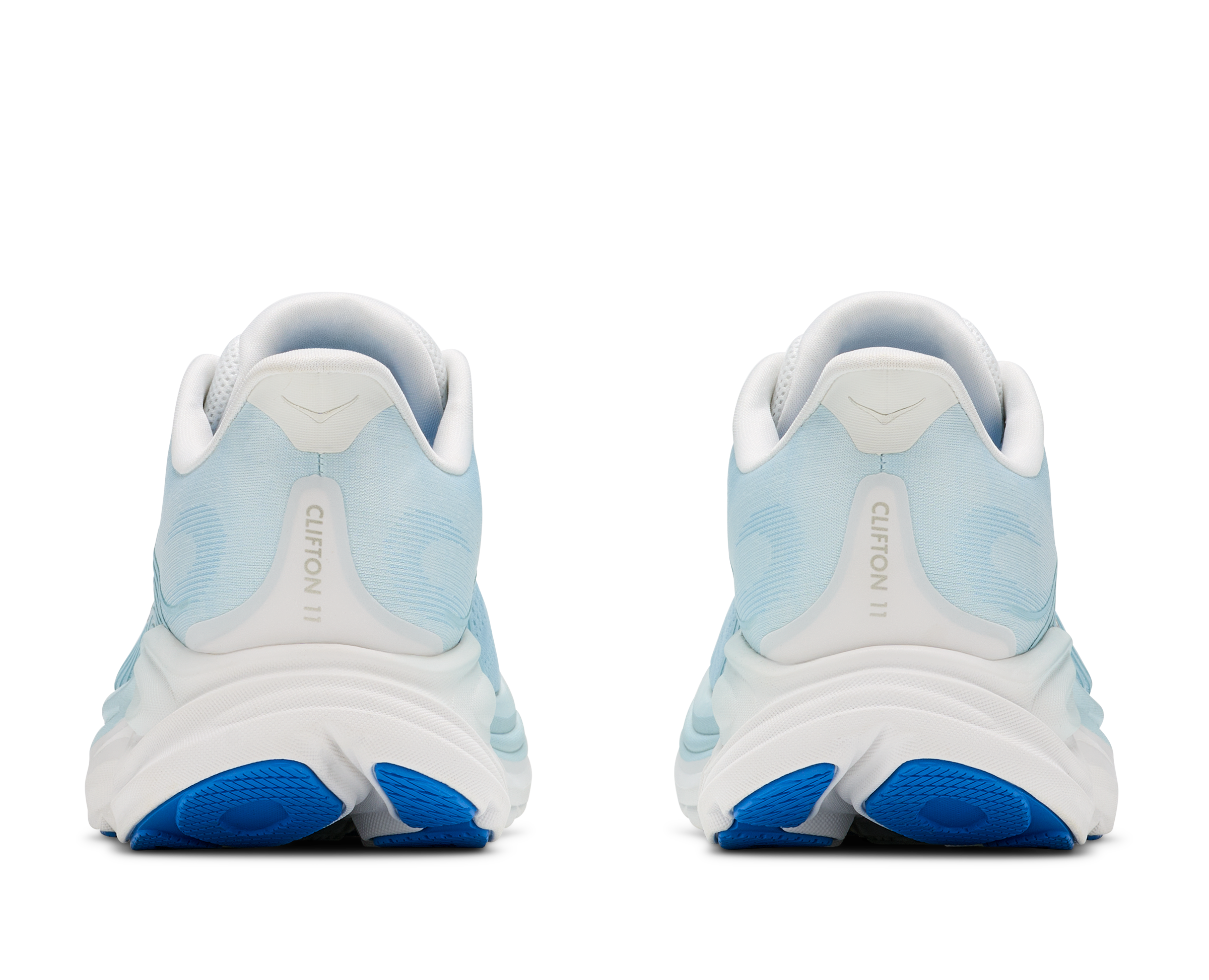 White running shoes with blue soles on a white background