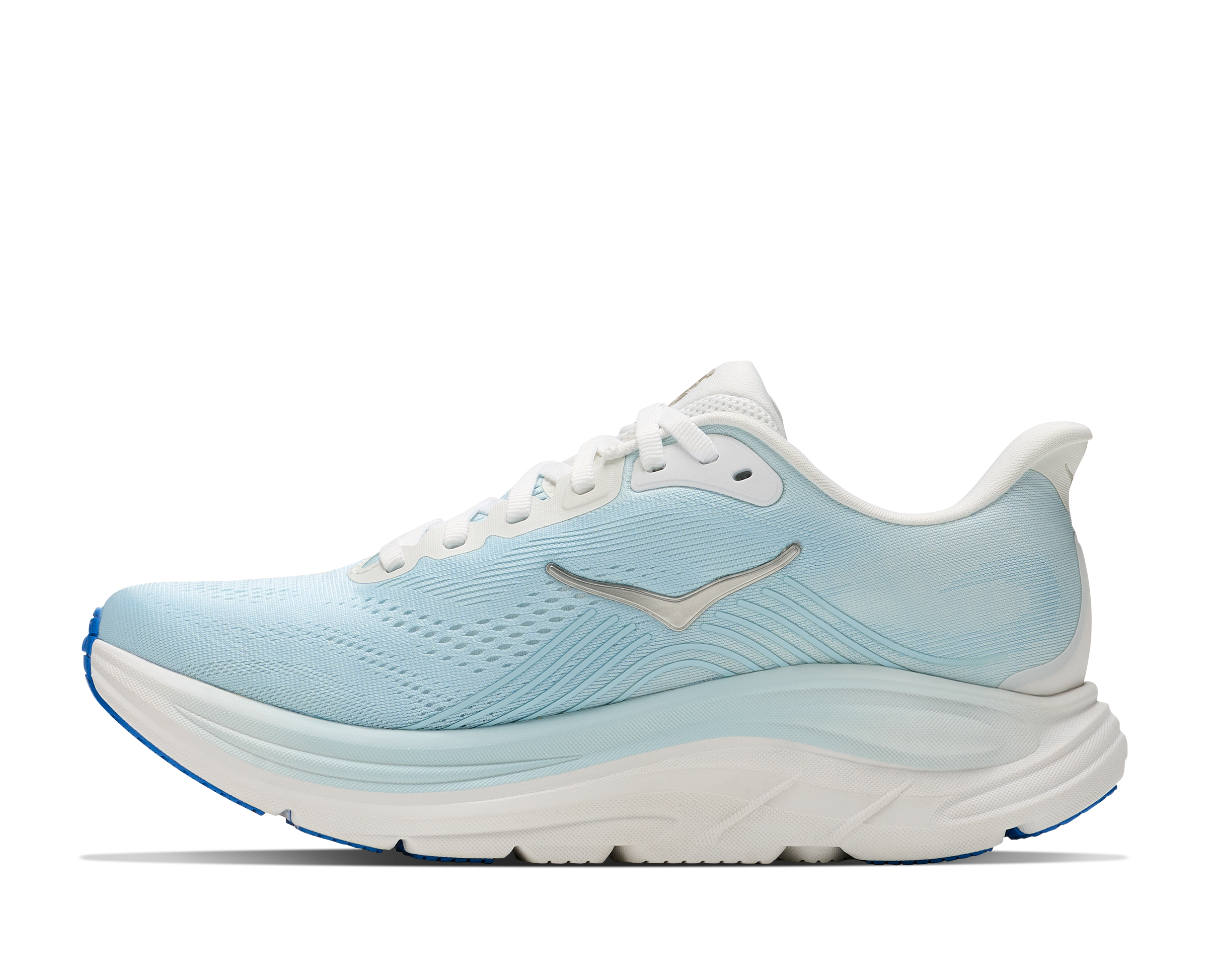 Light blue running shoe with white sole on a transparent background