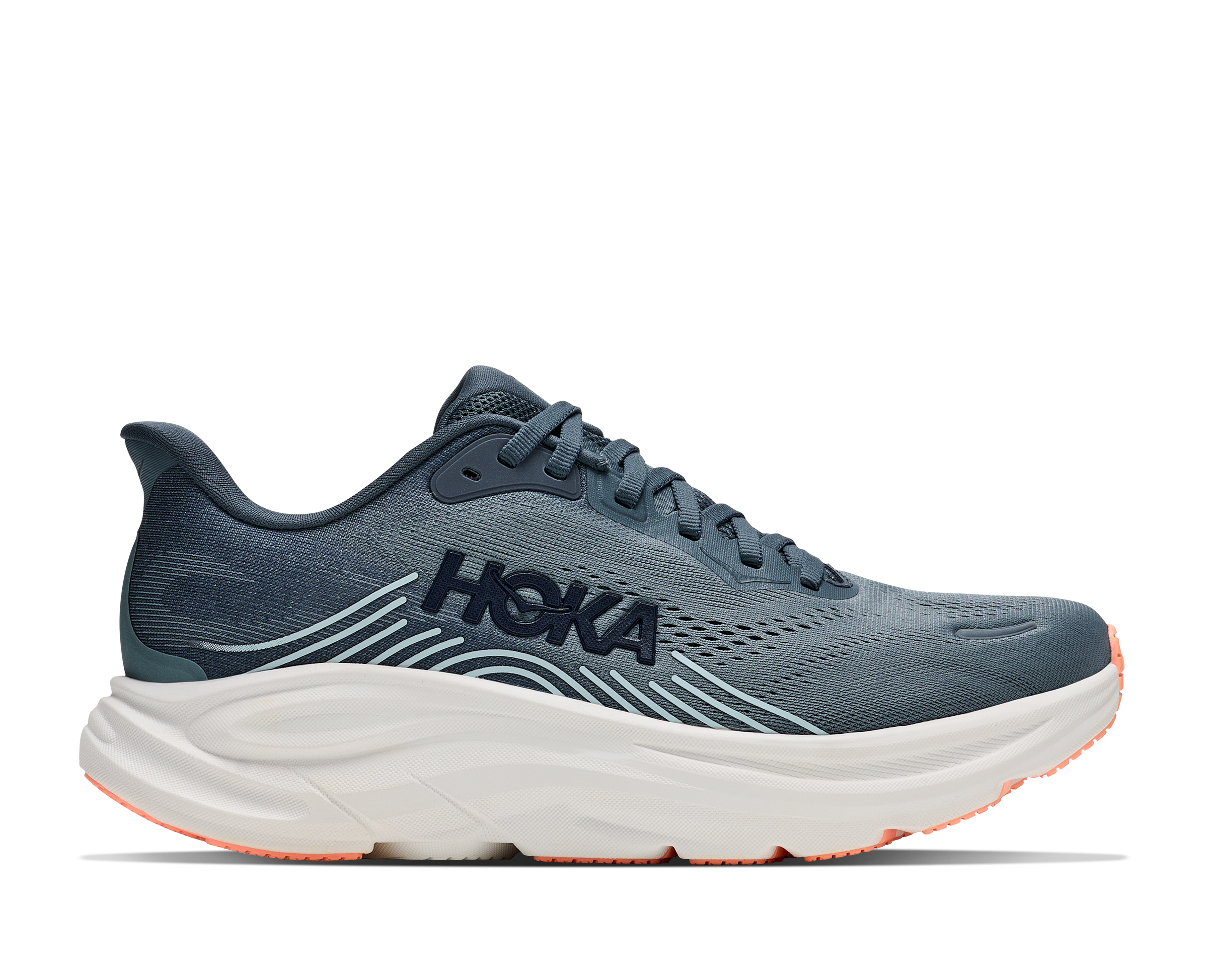 Blue running shoe with white sole on a white background