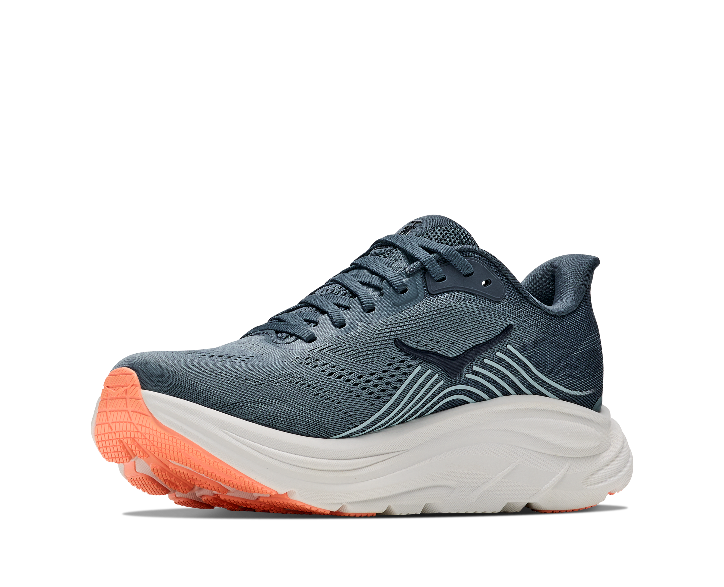 Blue running shoe with orange sole on a white background
