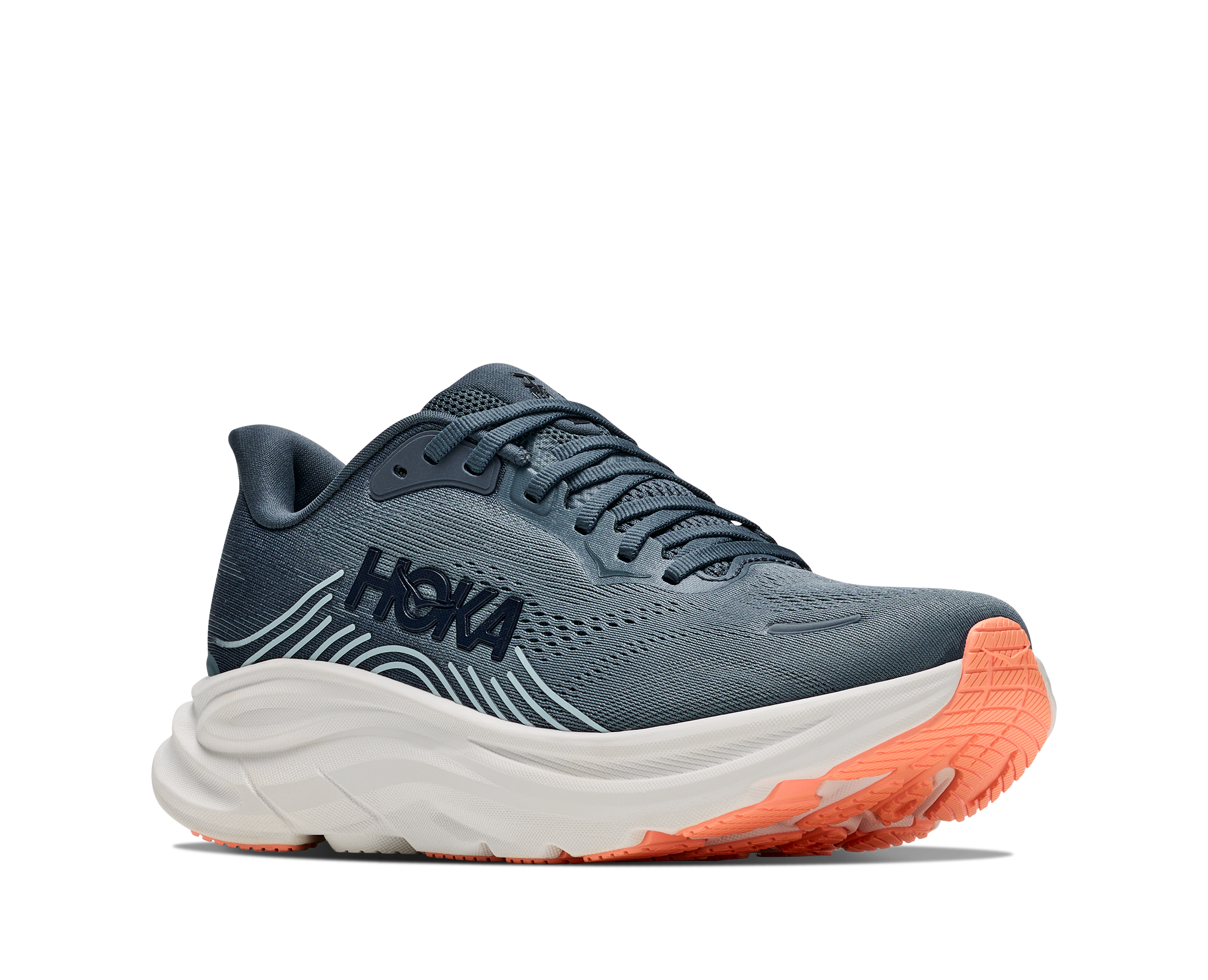 Blue running shoe with orange sole on a white background
