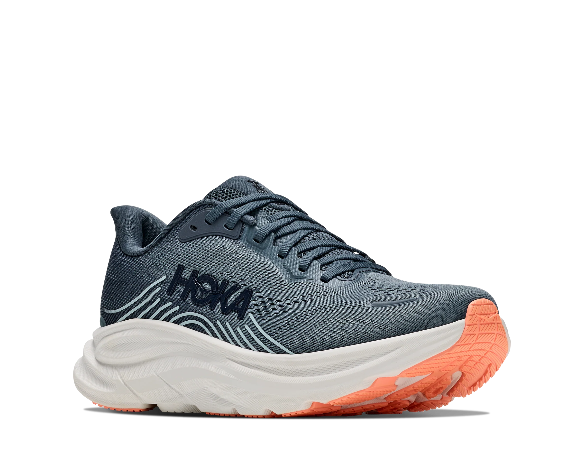 A HOKA running shoe in dark slate blue with a thick white midsole and bright orange outsole, shown from a side profile on a white background.
