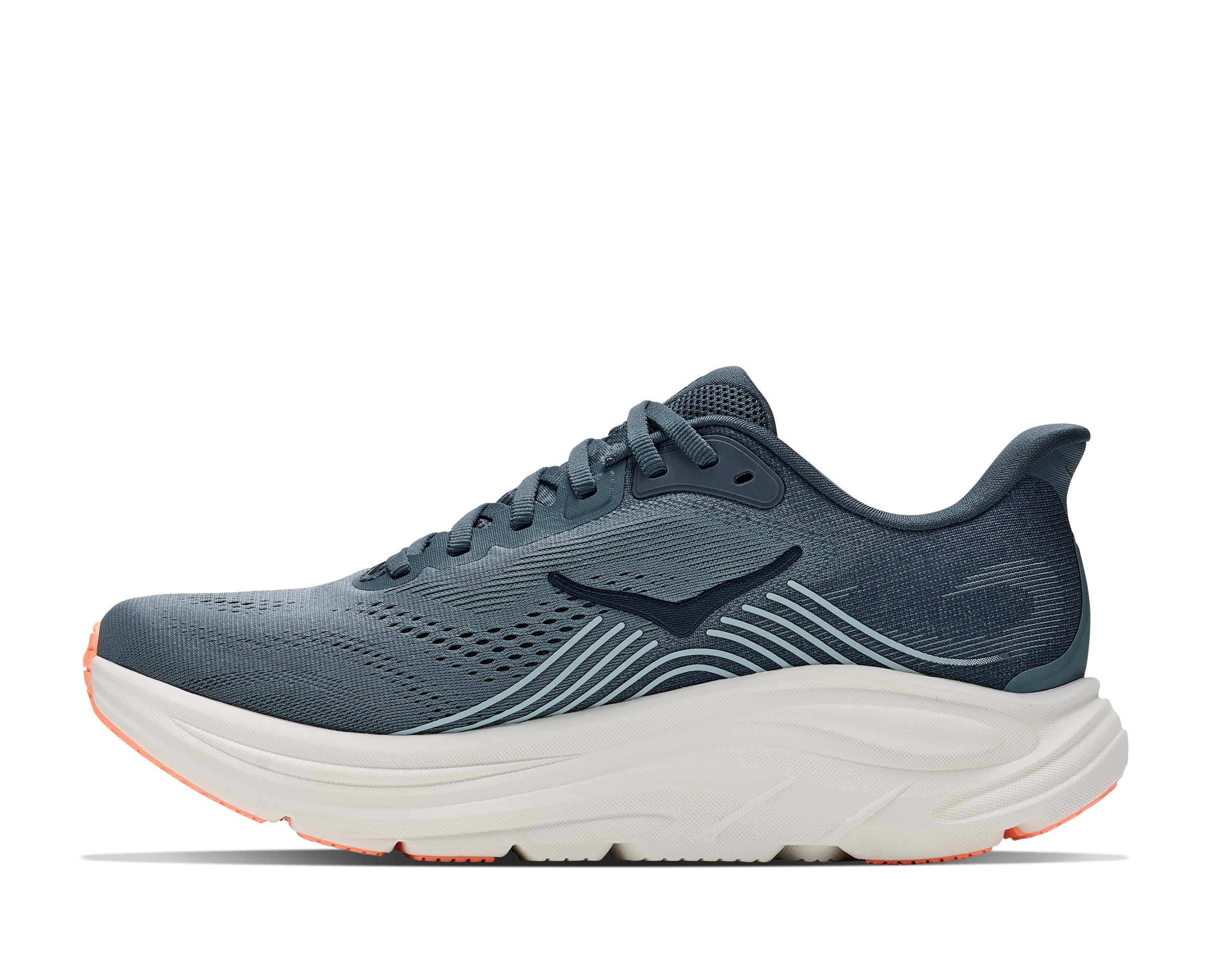Blue running shoe with white sole on a white background