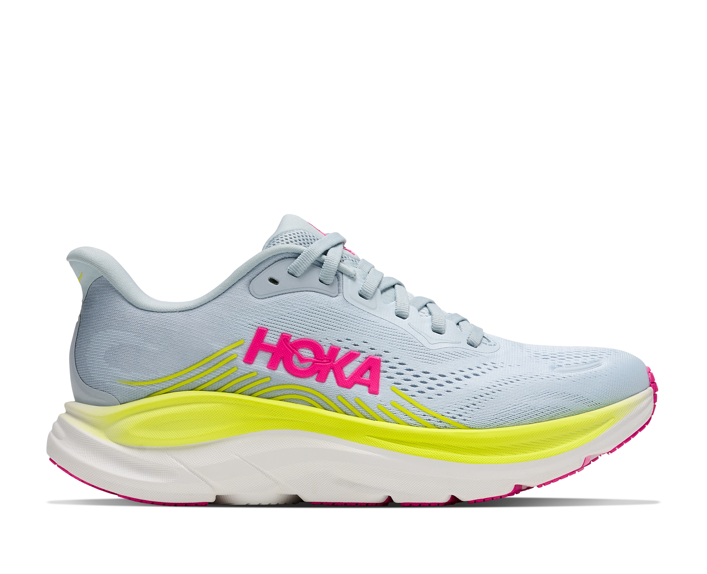 Light blue running shoe with pink 'Hoka' logo on a white background