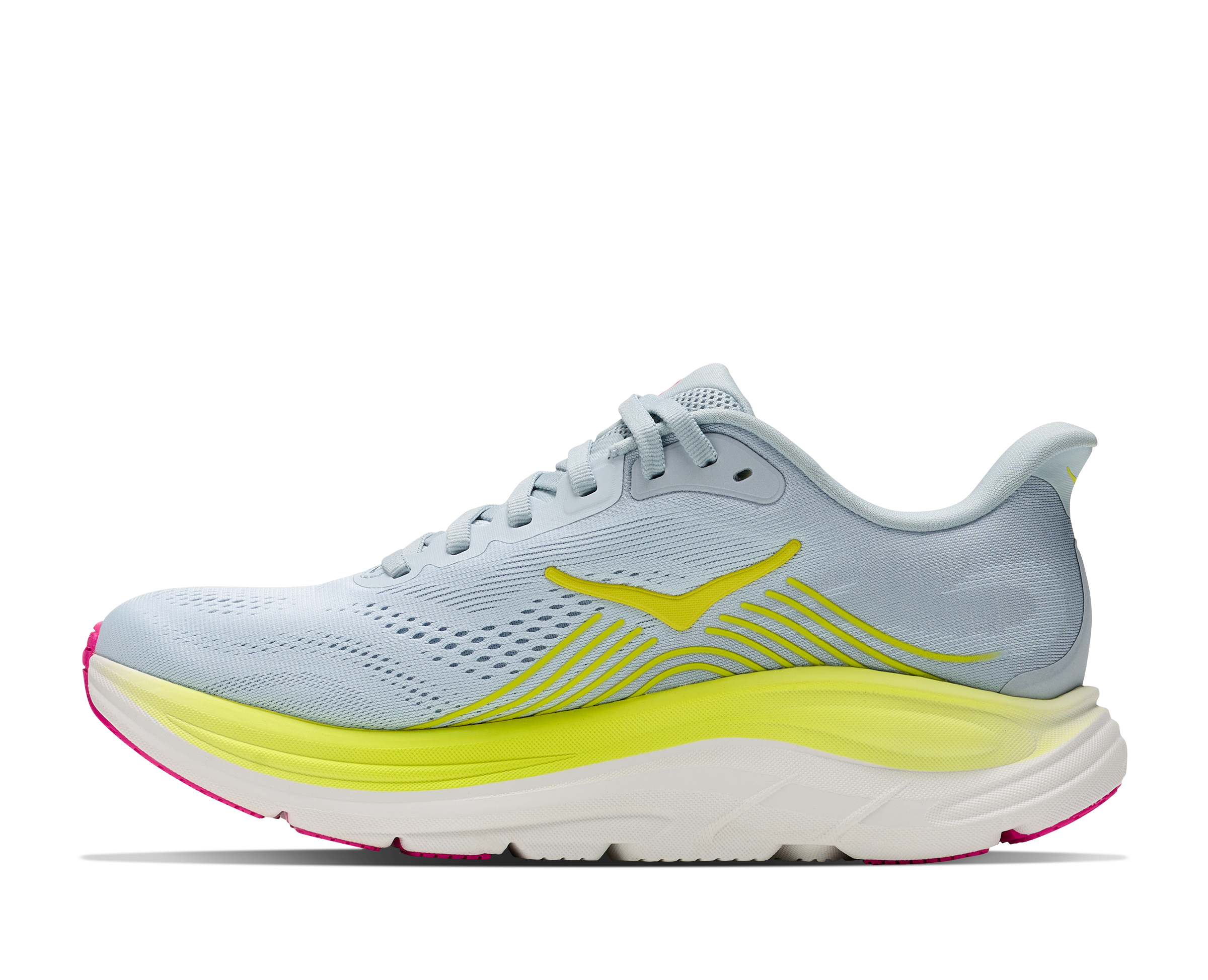 Light blue running shoe with yellow accents on a white background
