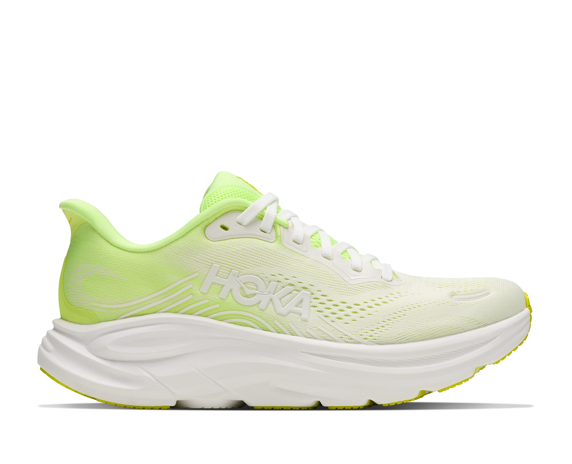 Light green running shoe with white sole on a white background