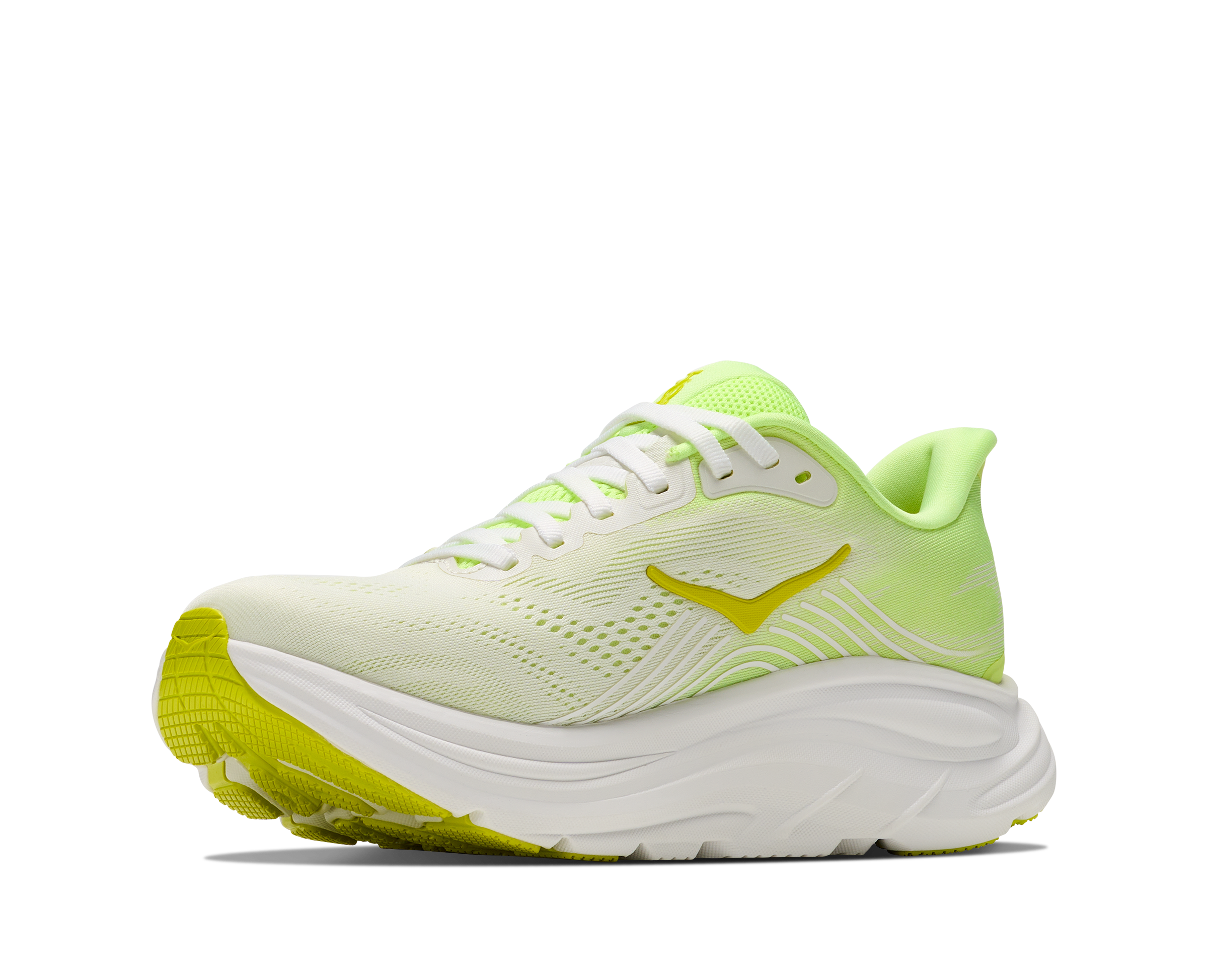Light green running shoe with white sole on a white background