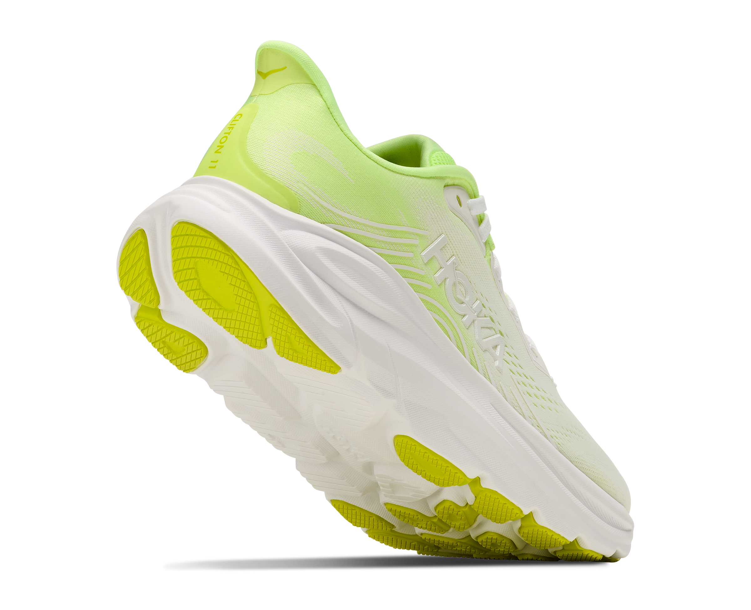 Neon green running shoe with white sole on a white background