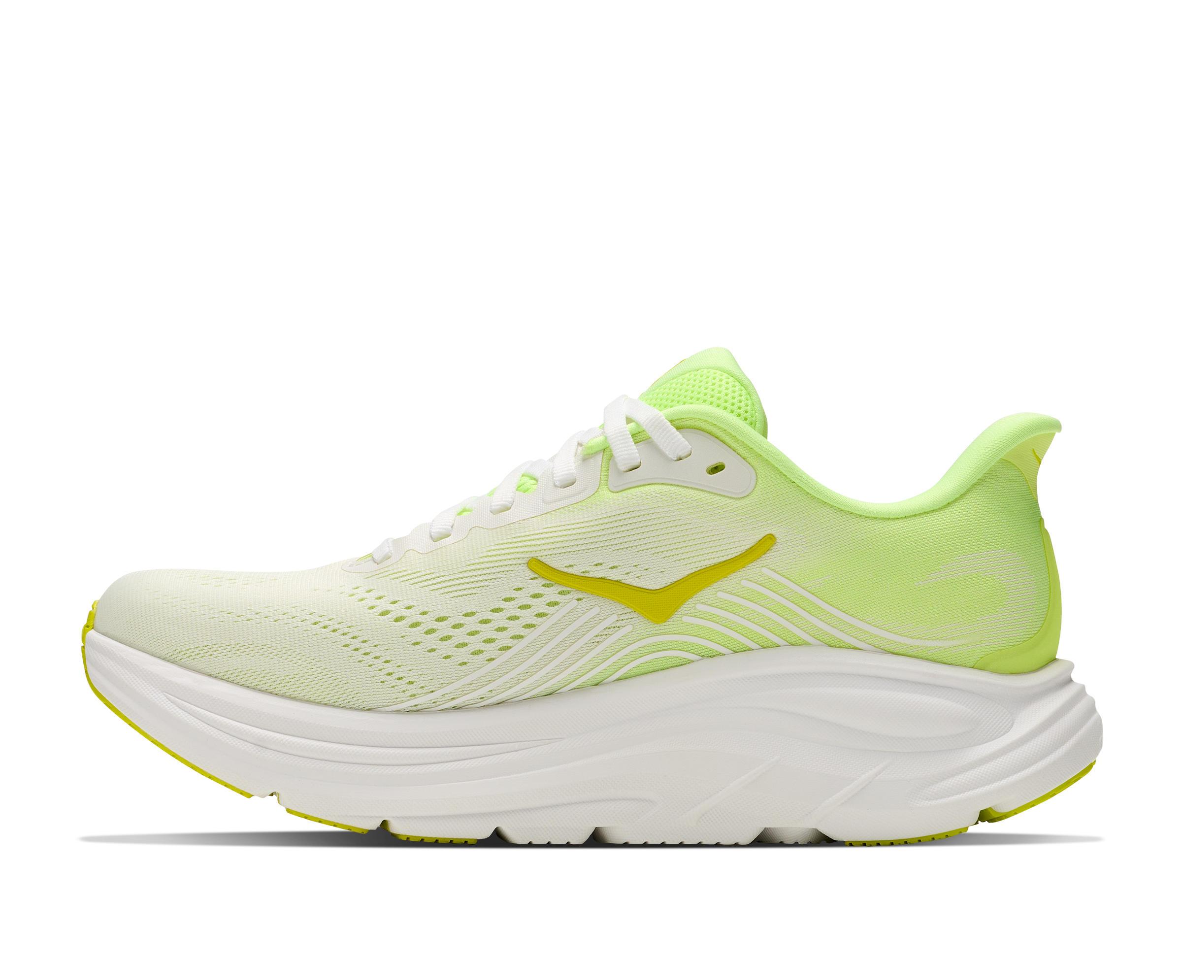 Light green running shoe with white sole on a white background
