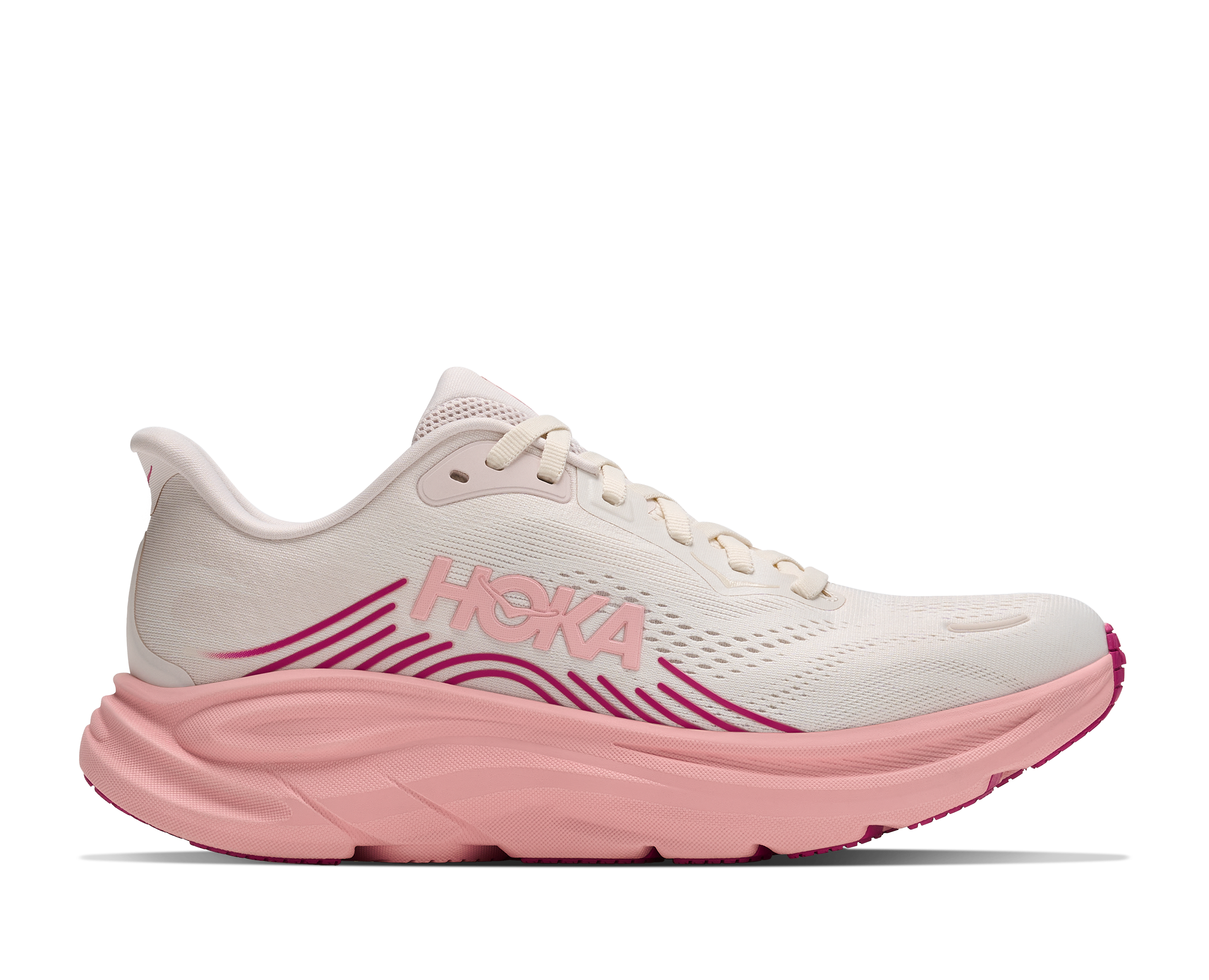 White and pink running shoe with Hoka branding on a white background