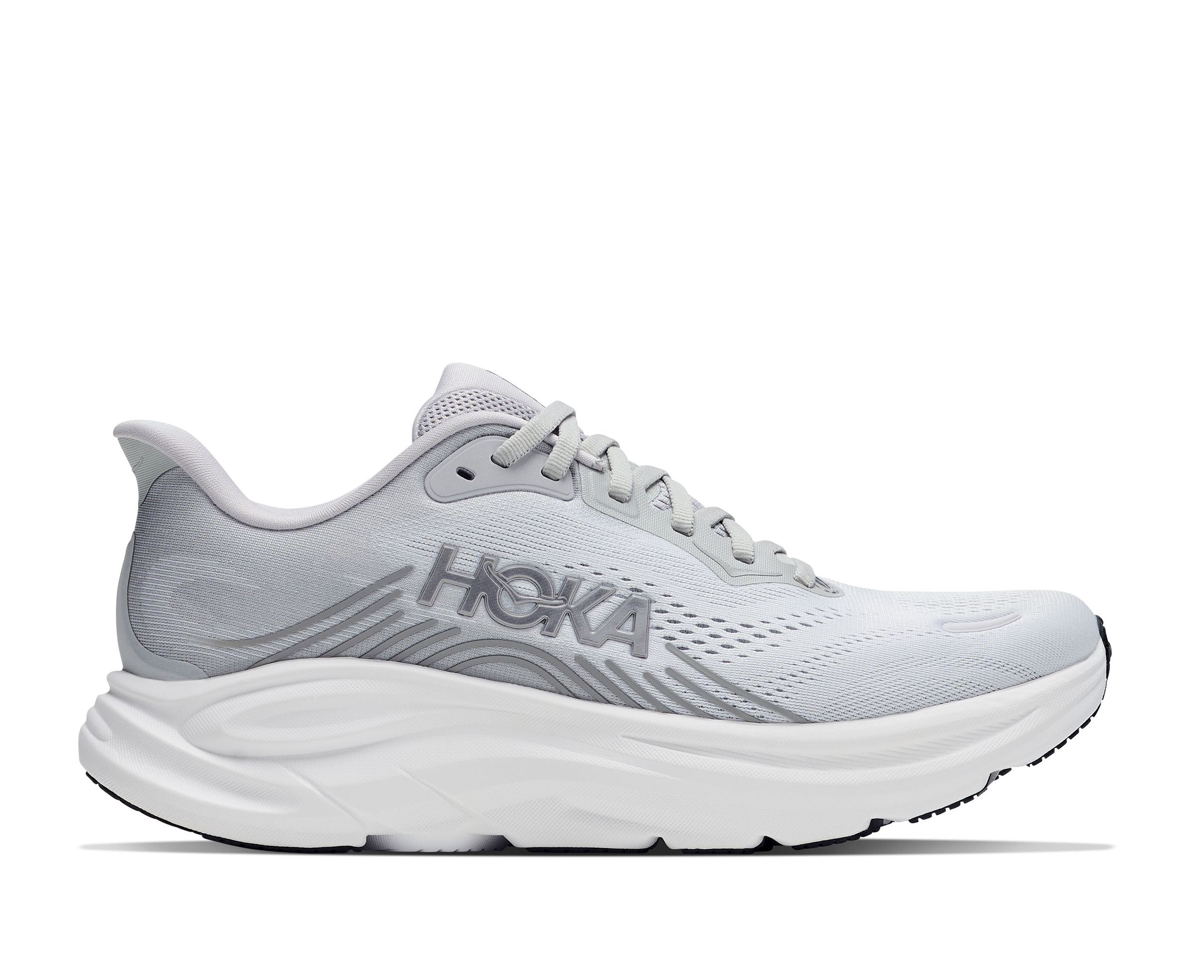 Gray running shoe with Hoka branding on a white background