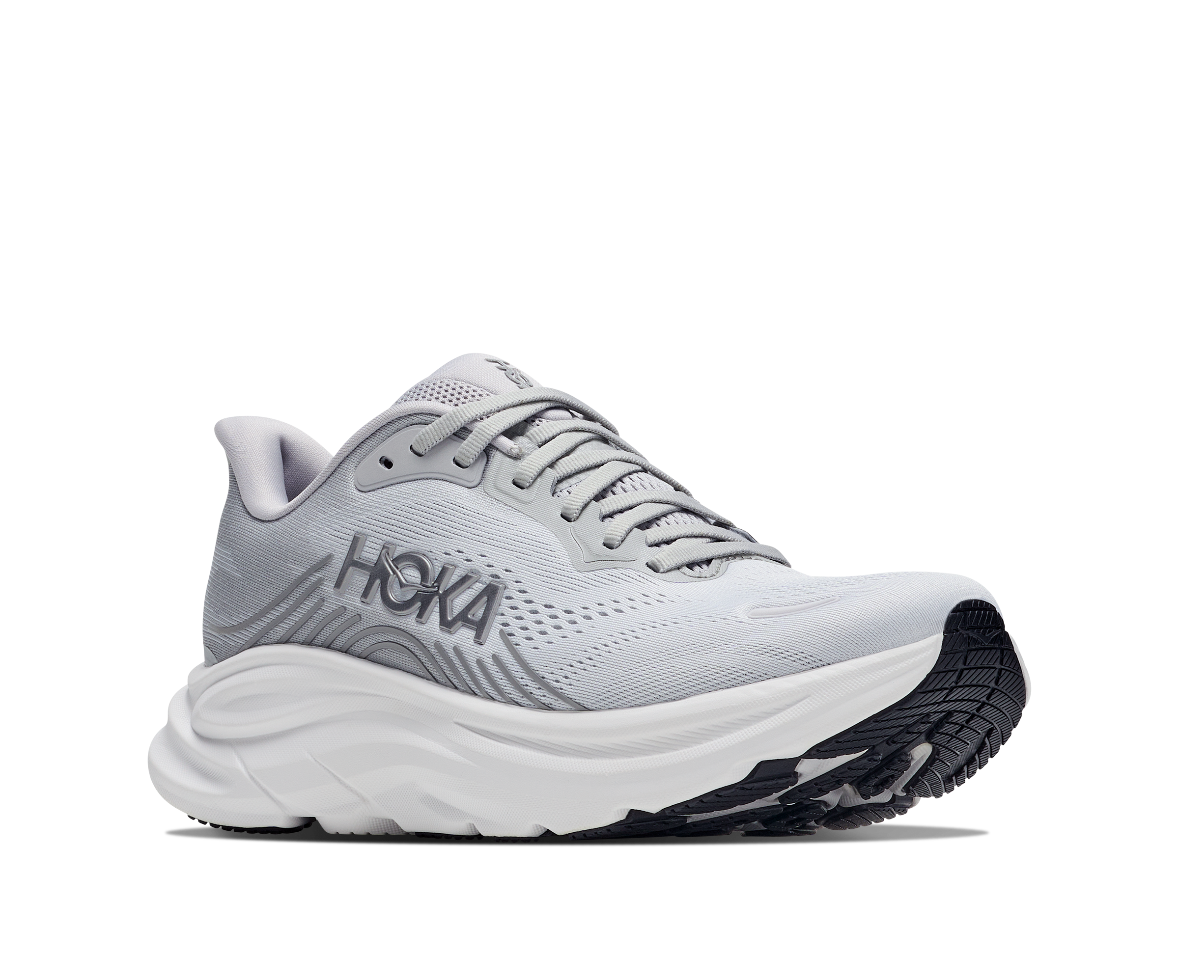 Gray running shoe with 'Hoka' branding on a white background