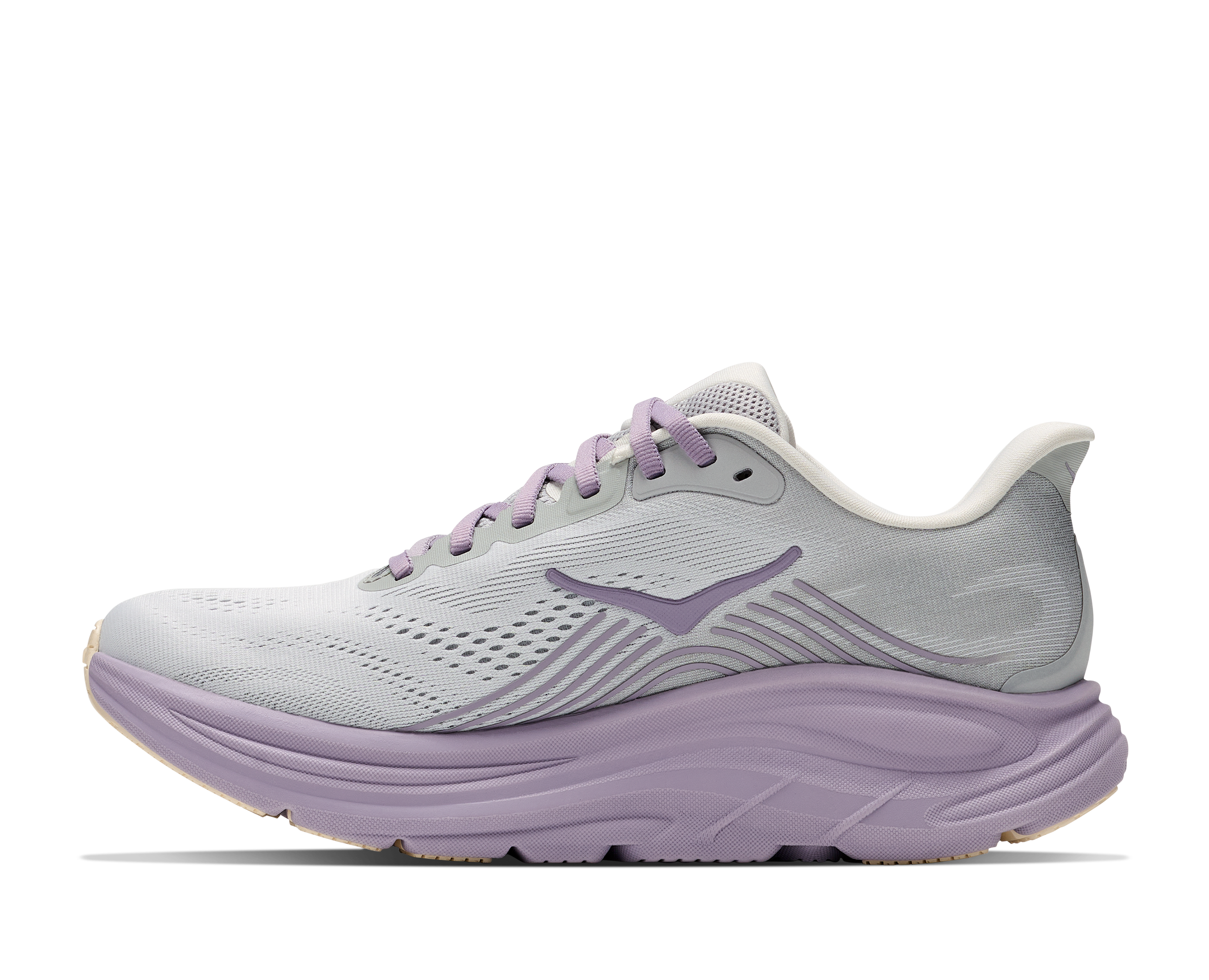 Gray and purple running shoe on a white background