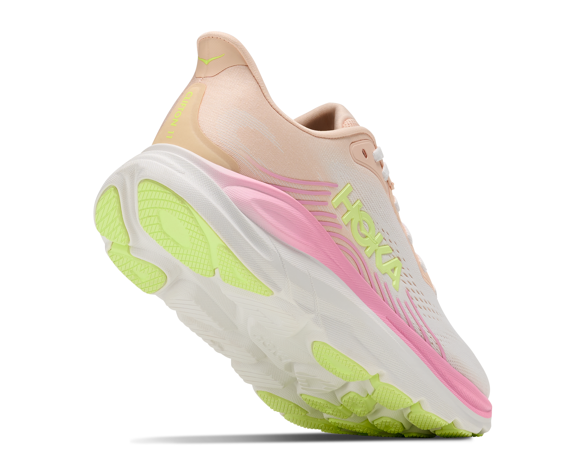 Pink and green running shoe with 'Hoka' branding on a white background