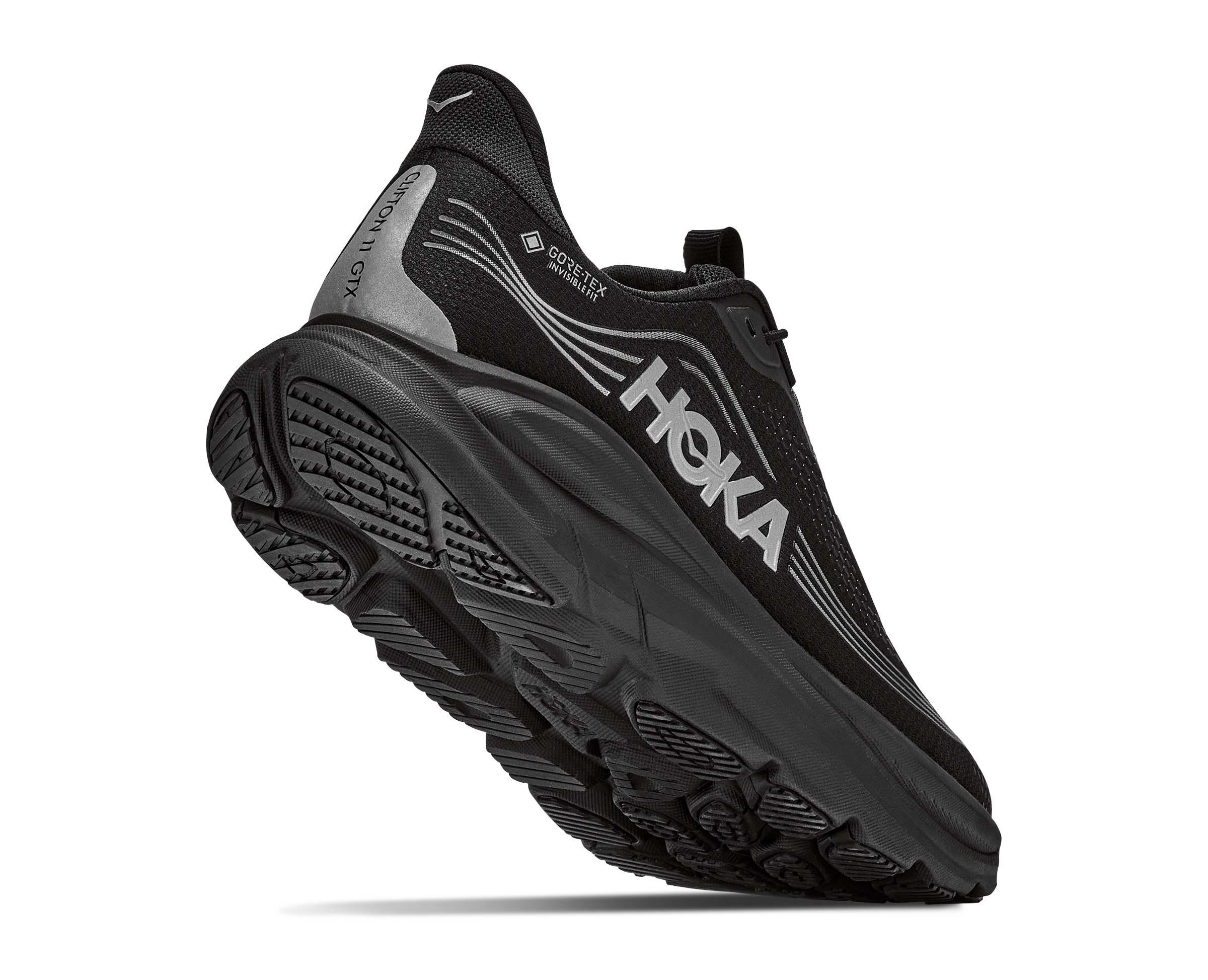 Black Hoka running shoe on a white background
