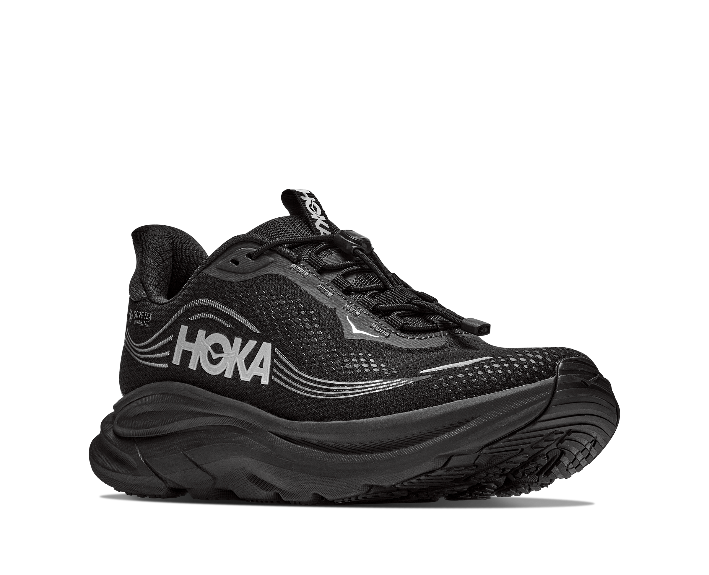 Black running shoe on a light gray background