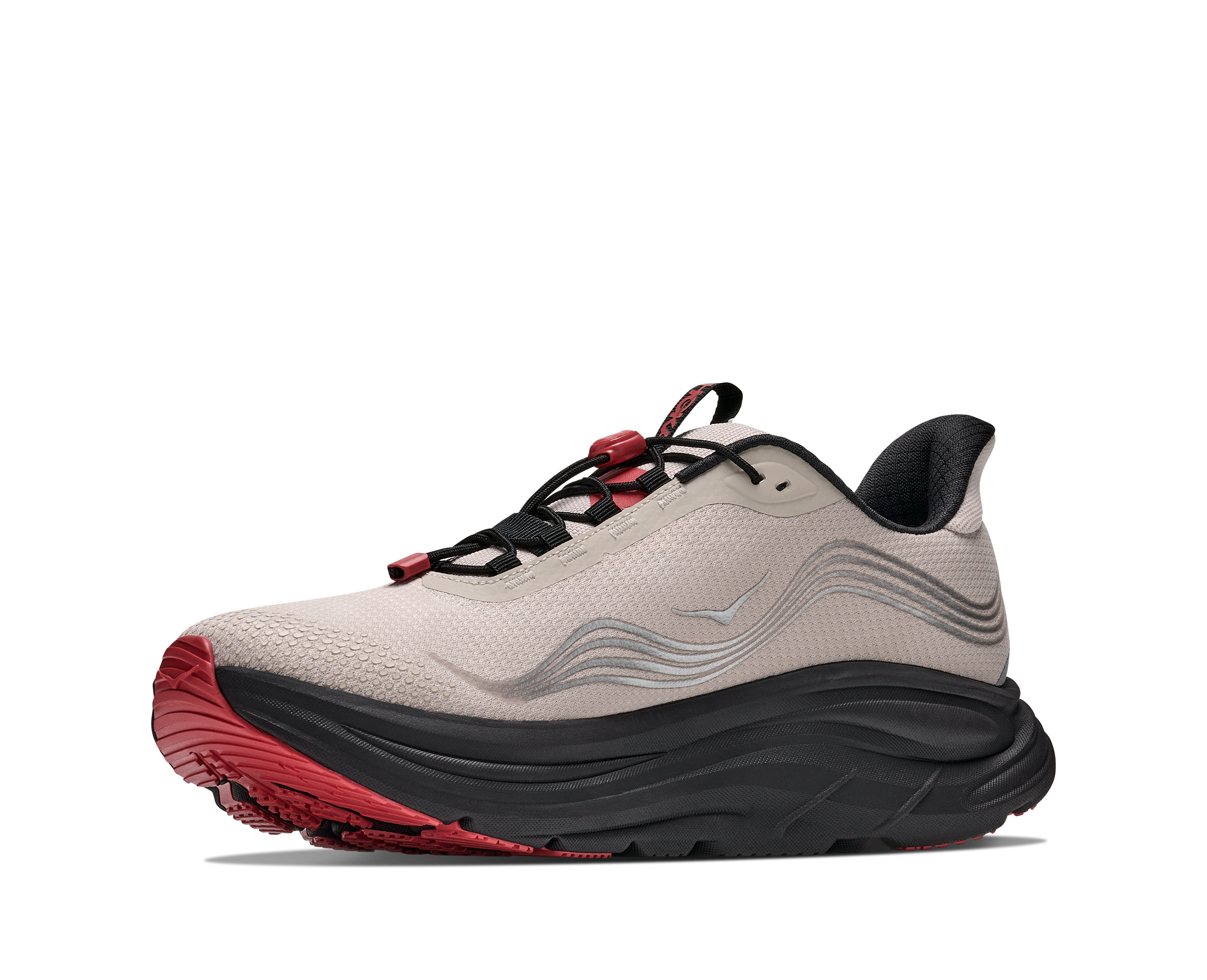 White and black athletic shoe with red sole on a transparent background
