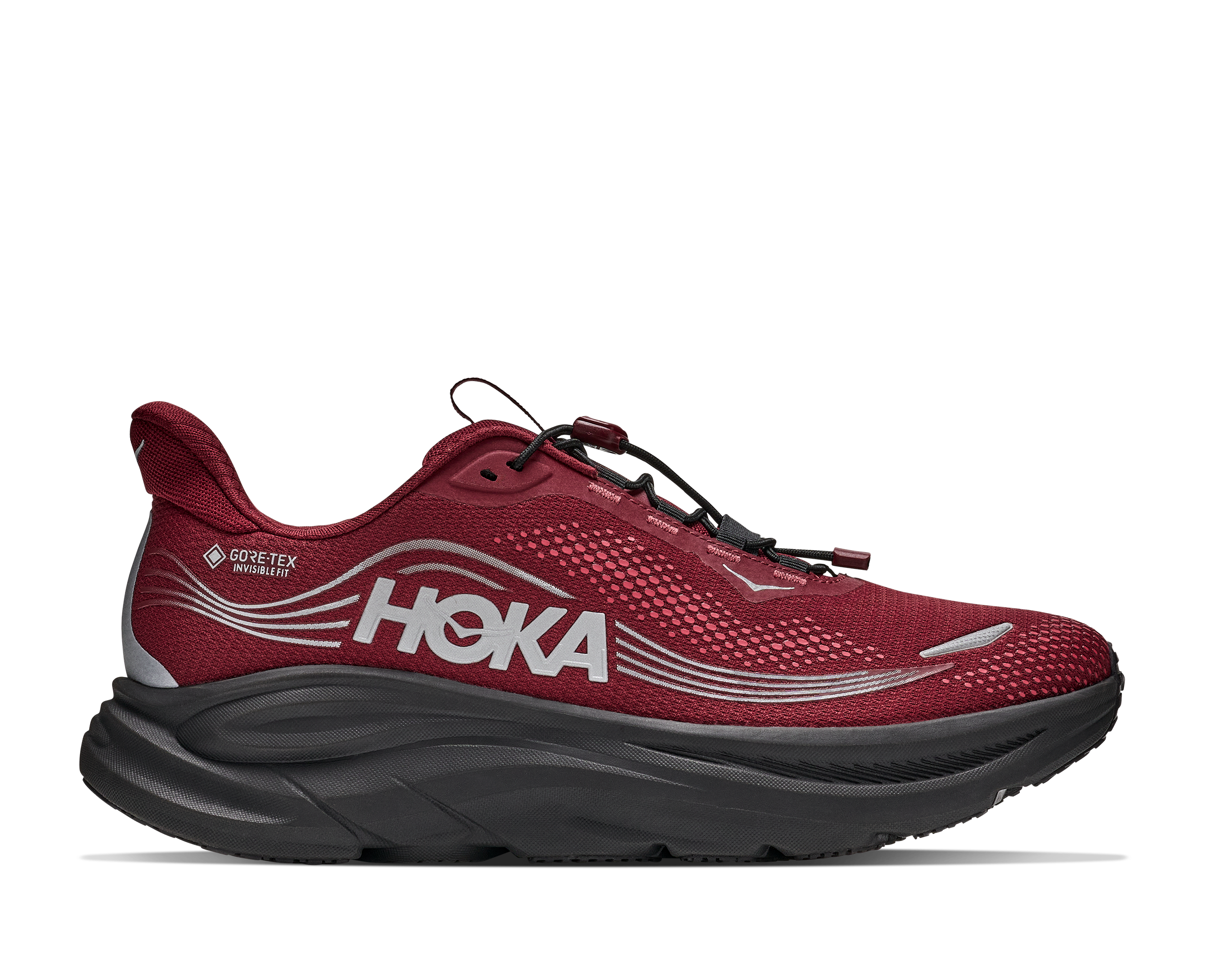 Red Hoka running shoe on a white background