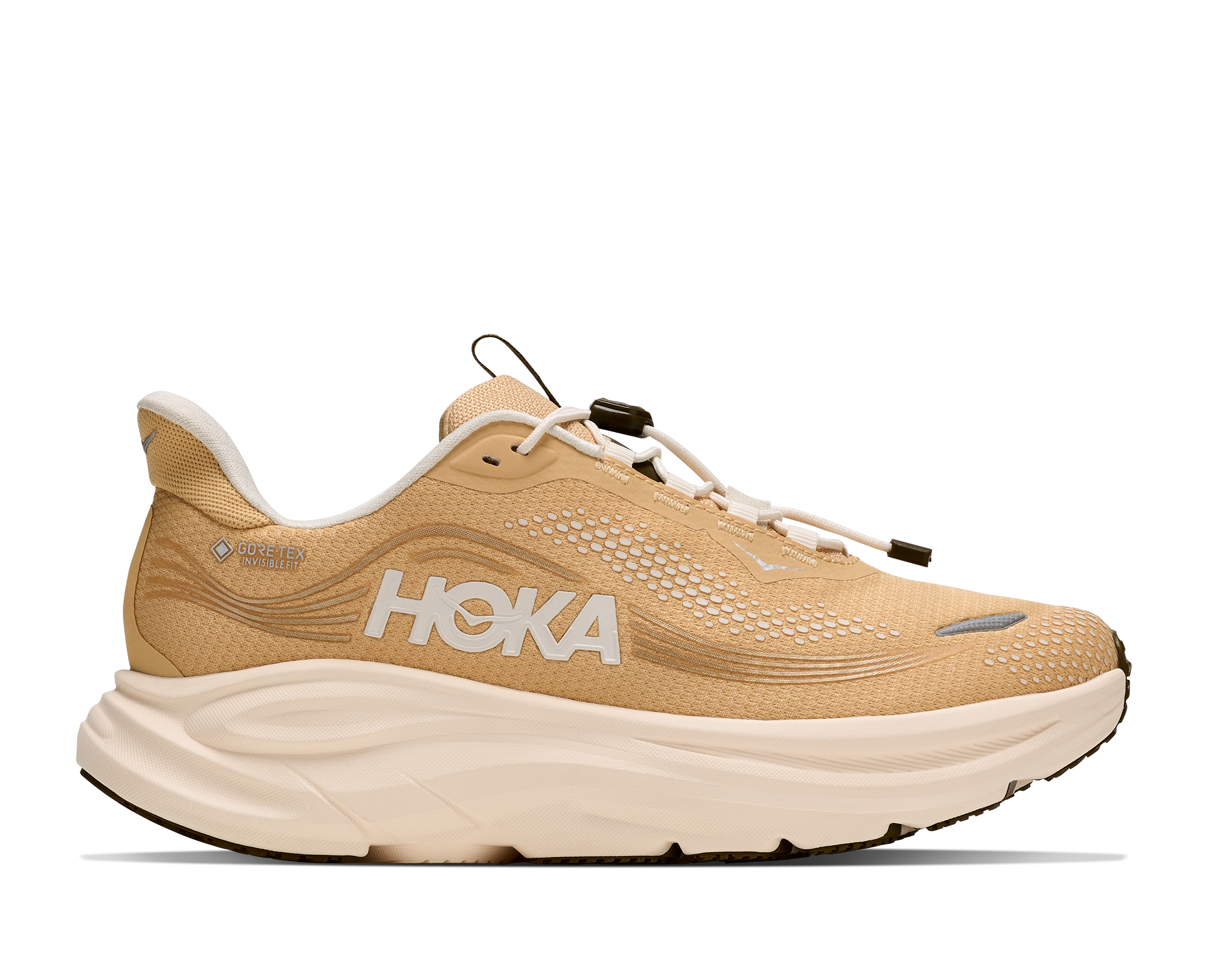 Beige running shoe with 'Hoka' branding on a white background