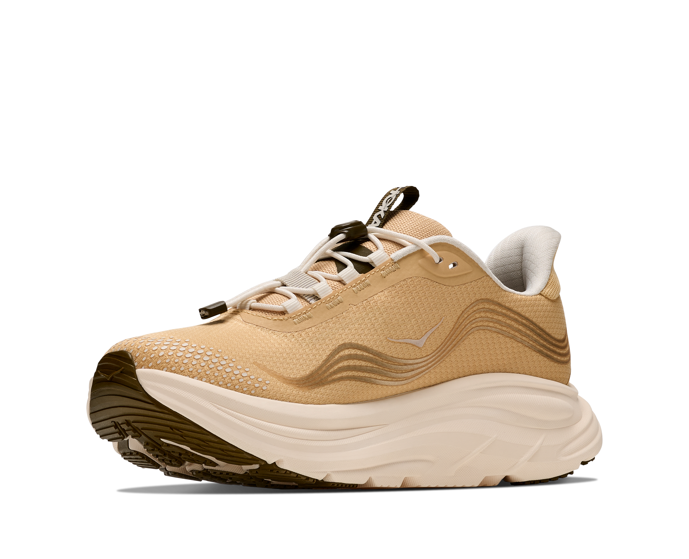 Beige running shoe with white sole on a white background