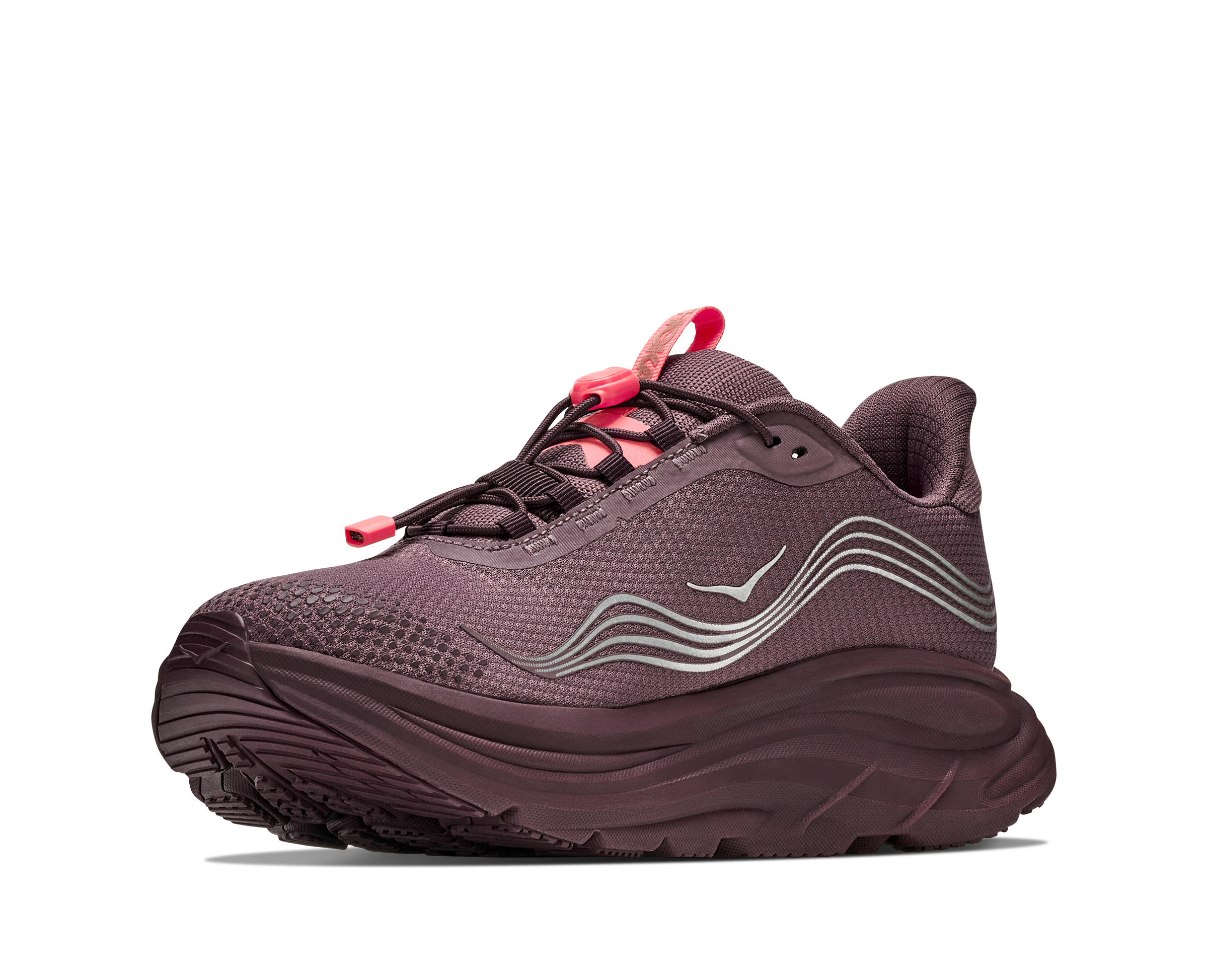 Purple running shoe with a brand logo on a white background