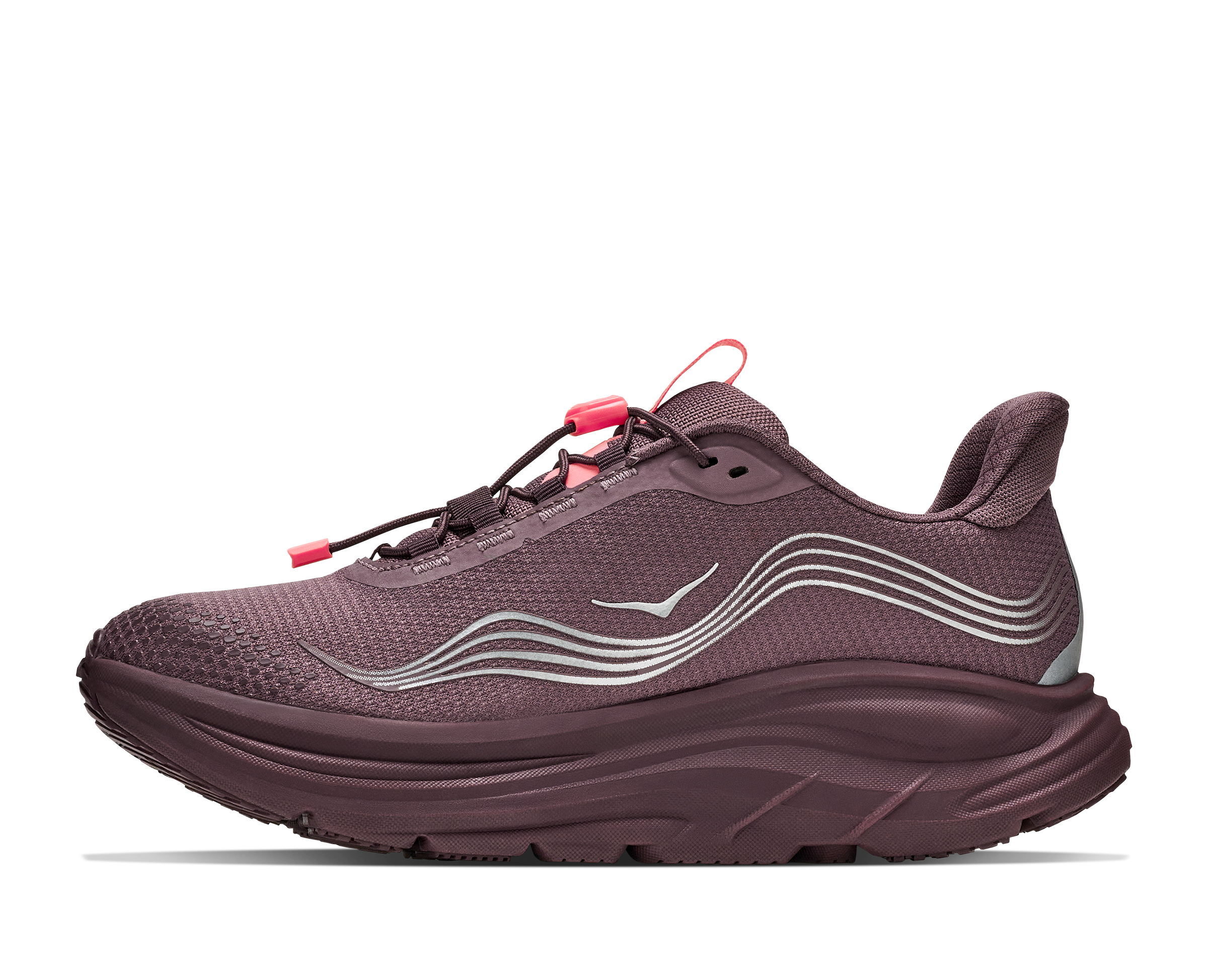 Maroon running shoe with white sole on a white background