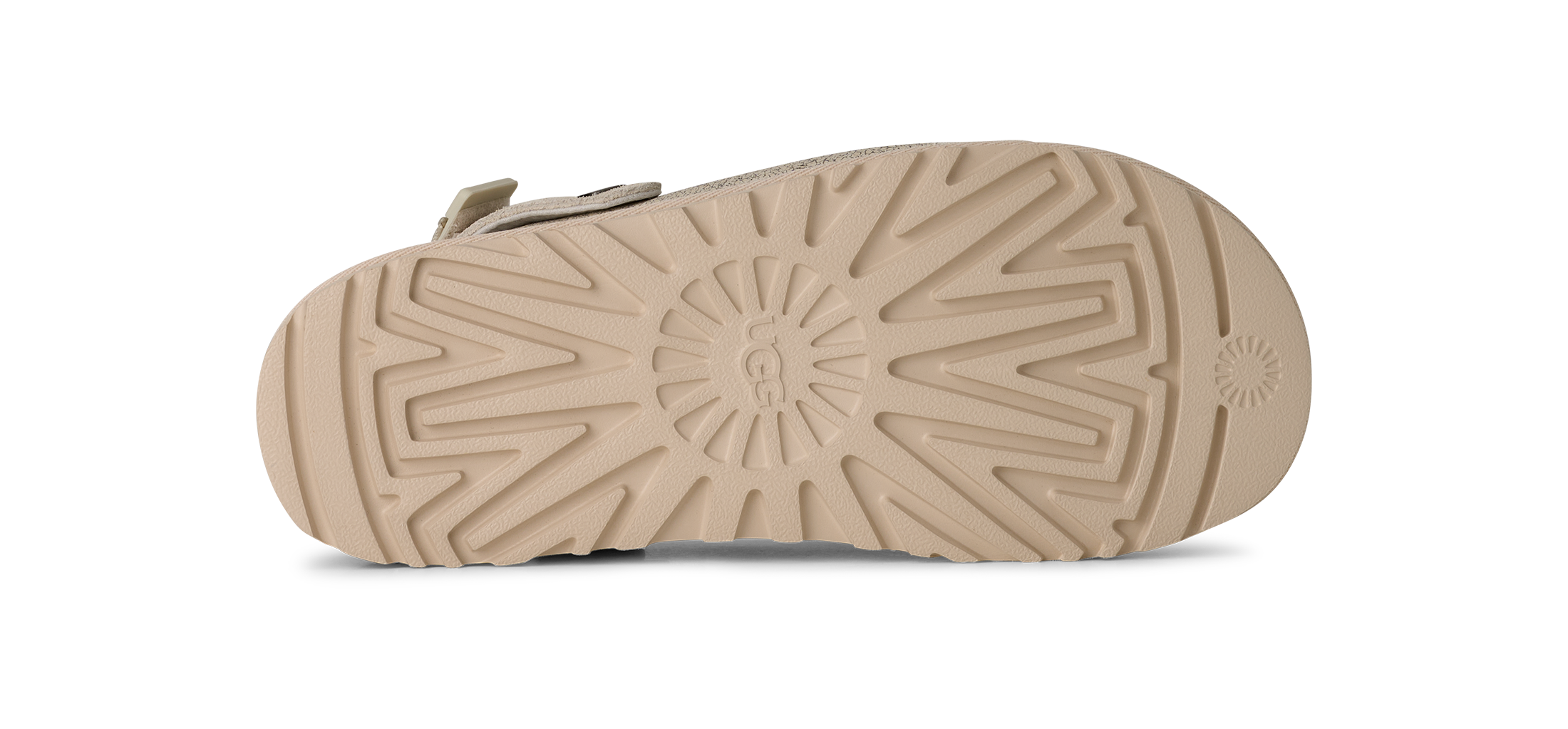Close-up of a sandal sole with tread pattern on a white background