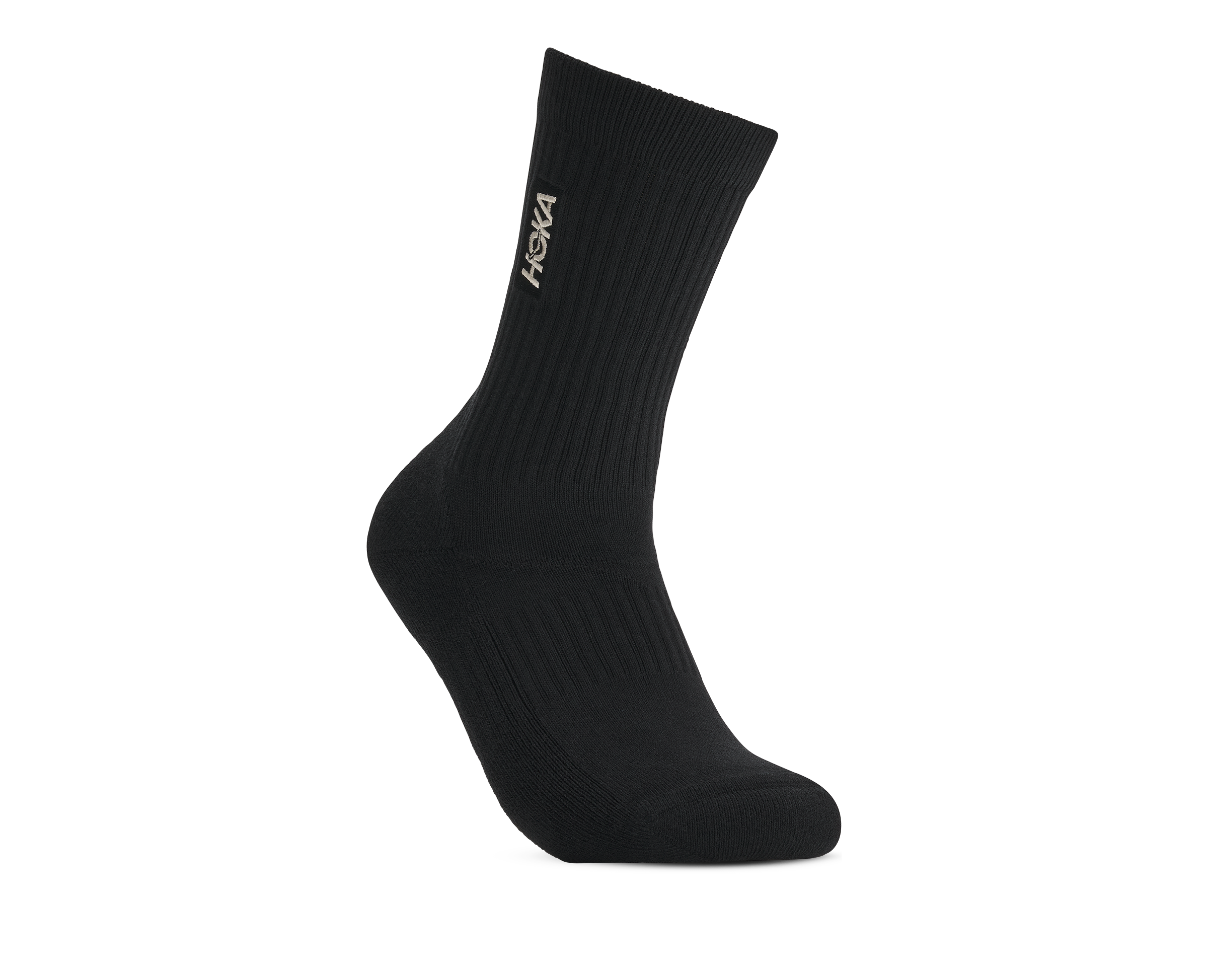 A single black ribbed crew sock with a small white HOKA logo on the side, shown against a plain white background.