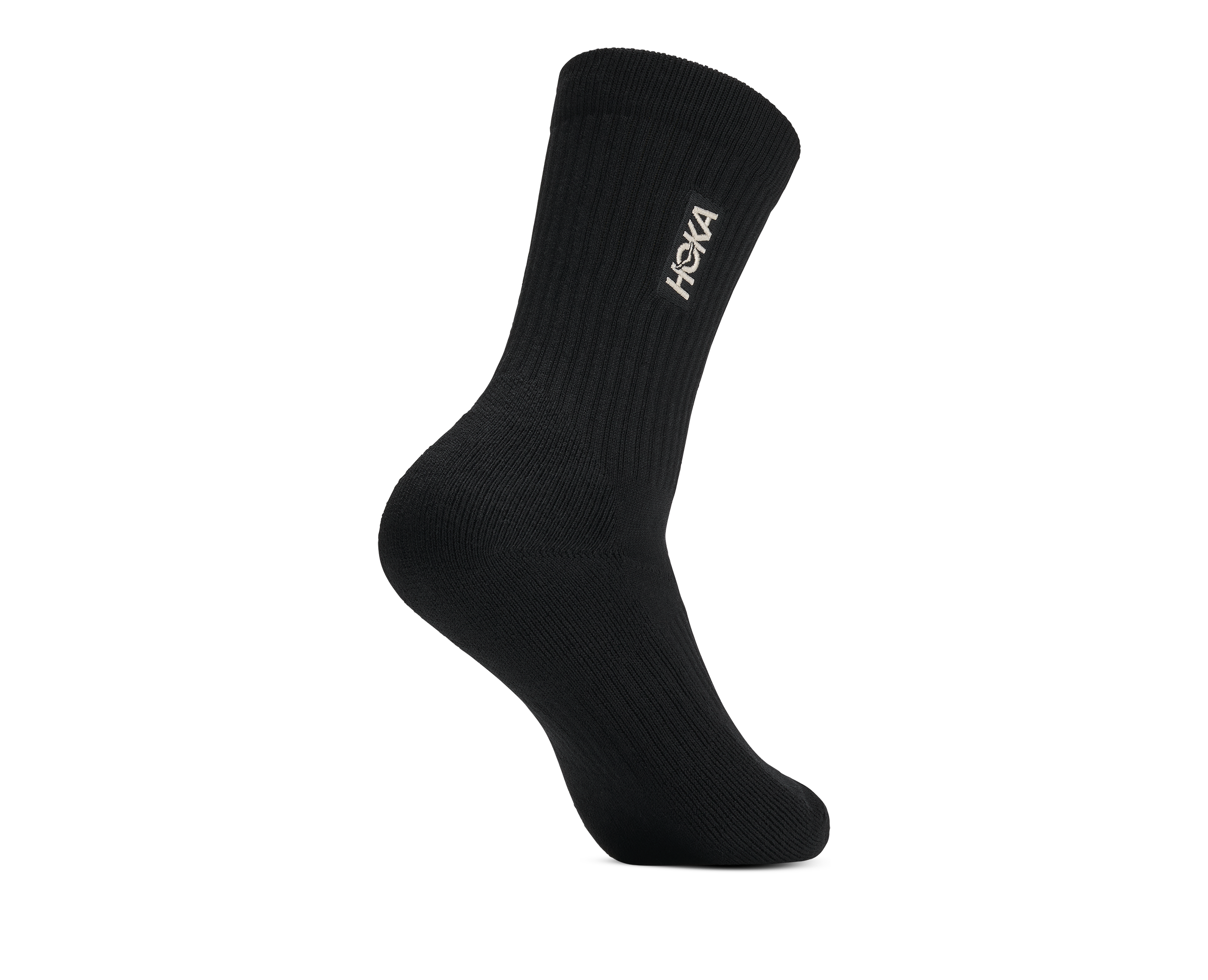 A single black crew sock with a white HOKA logo printed on the upper calf, shown against a plain white background.