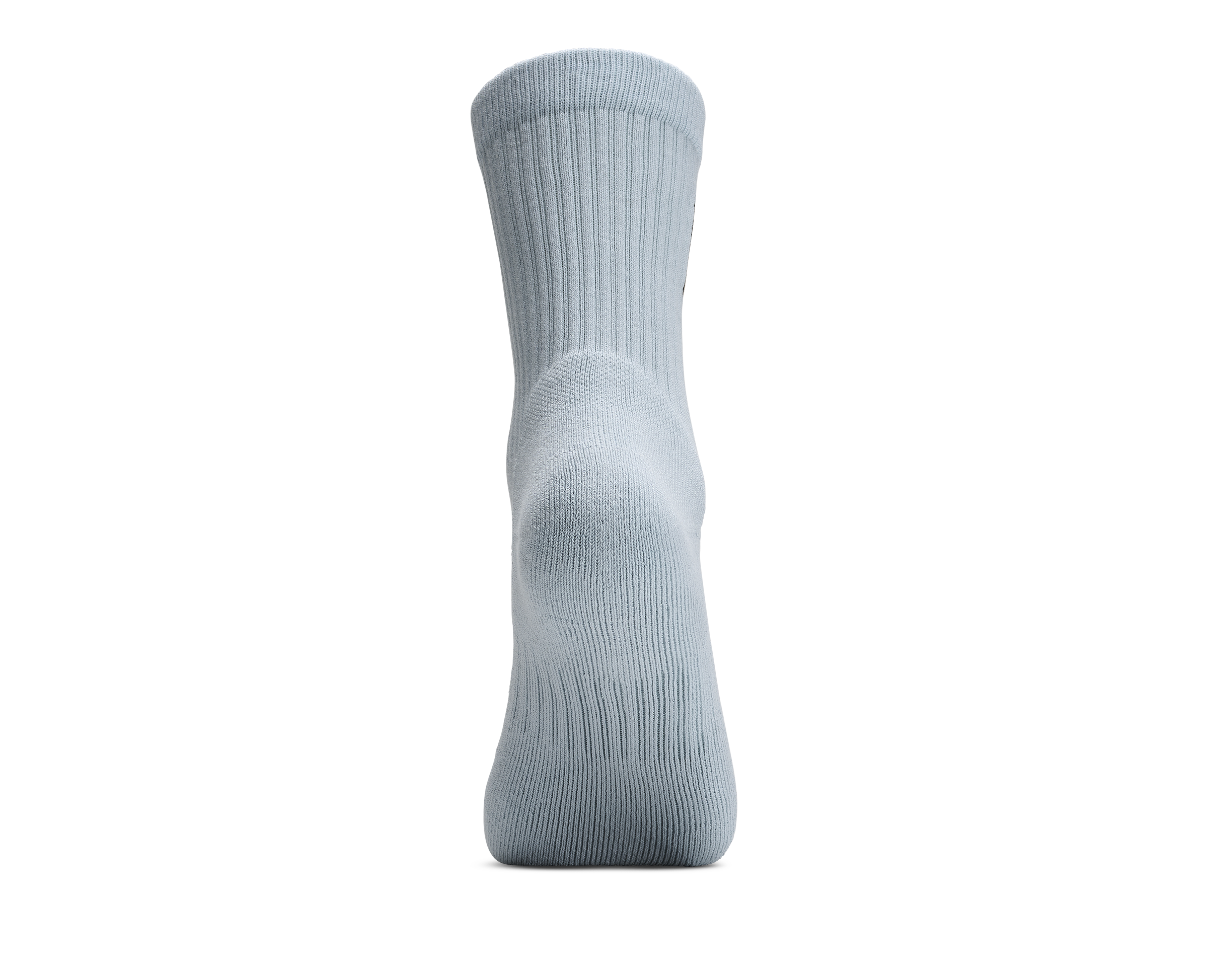 A single light gray ribbed crew sock shown from the sole view against a plain white background.