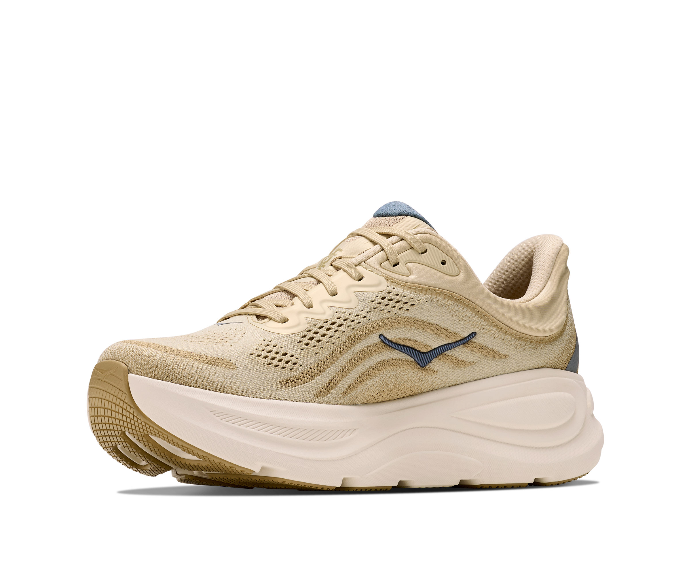 Beige running shoe with a blue logo on a white background