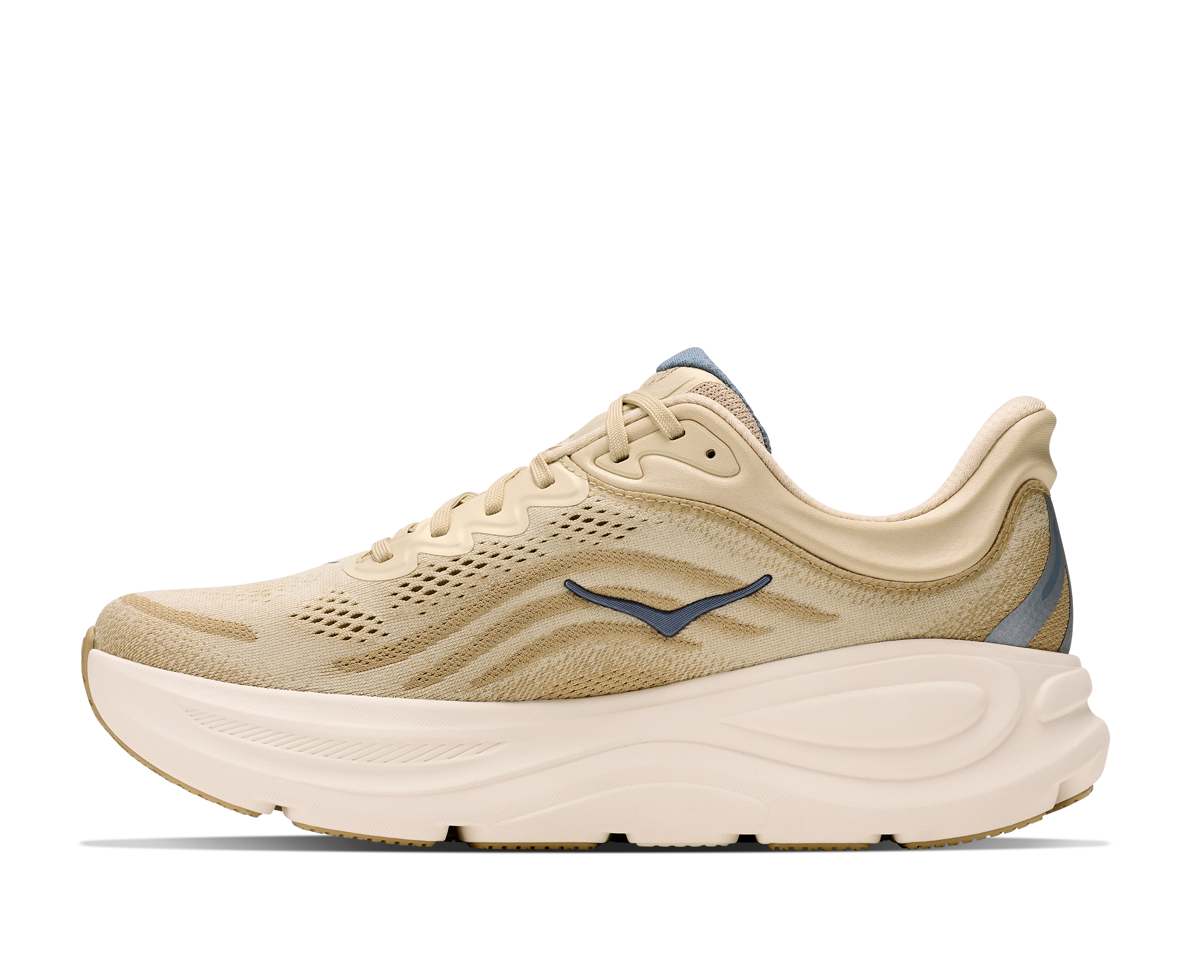 Beige running shoe with a white sole on a white background